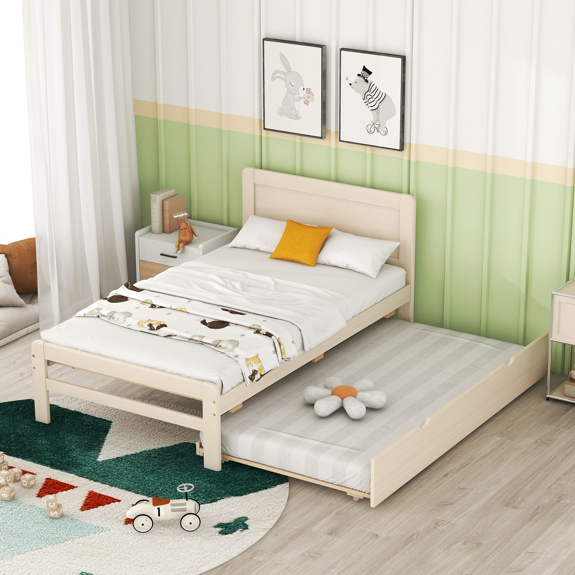 Modern Design Twin Size Platform Bed Frame With Trundle For White Washed Color White Washed Rubber Wood