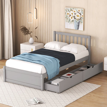 Modern Design Wooden Twin Size Platform Bed With 2 Drawers For Grey Color Grey Rubber Wood