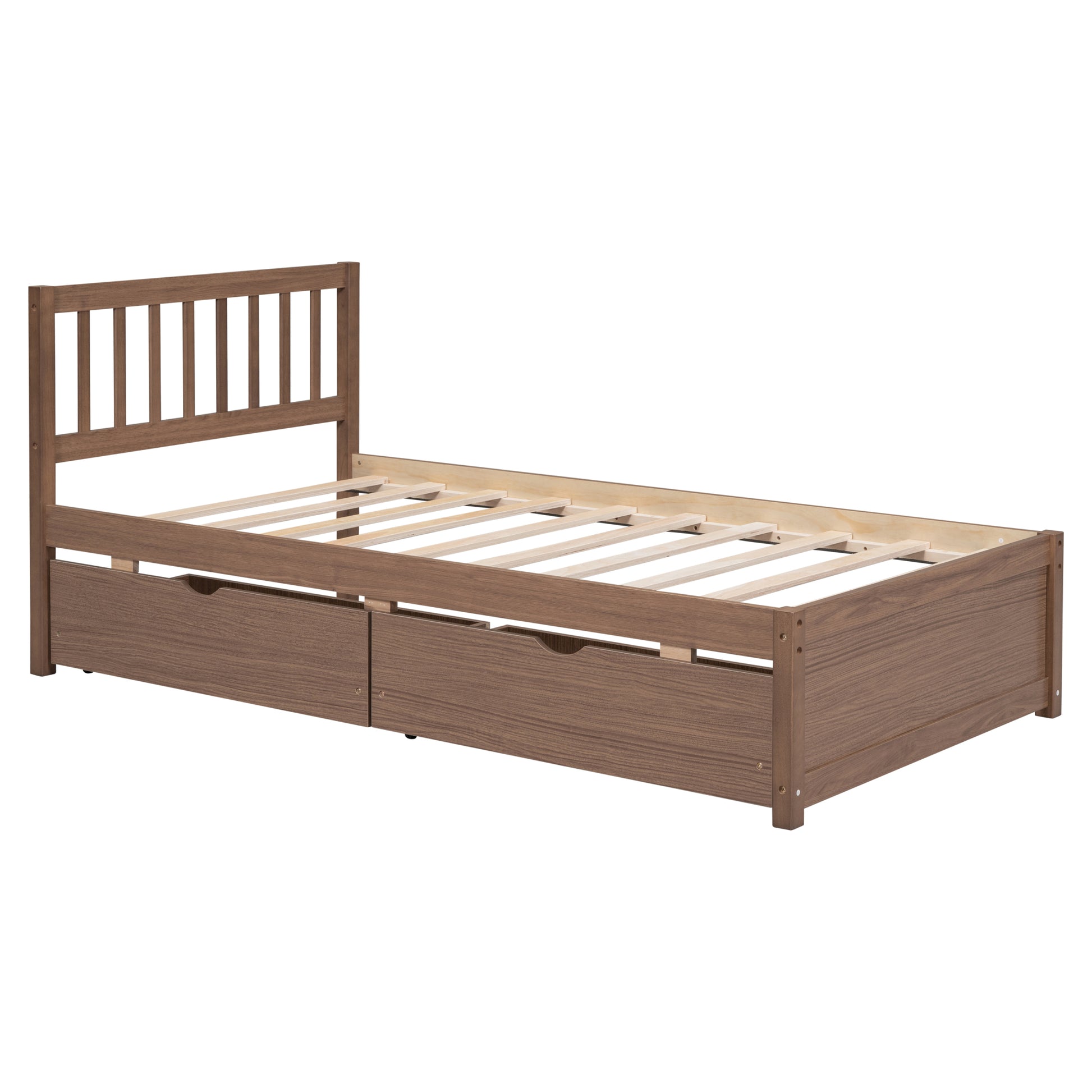 Modern Design Twin Size Platform Bed With 2 Drawers For Walnut Color Walnut Rubber Wood