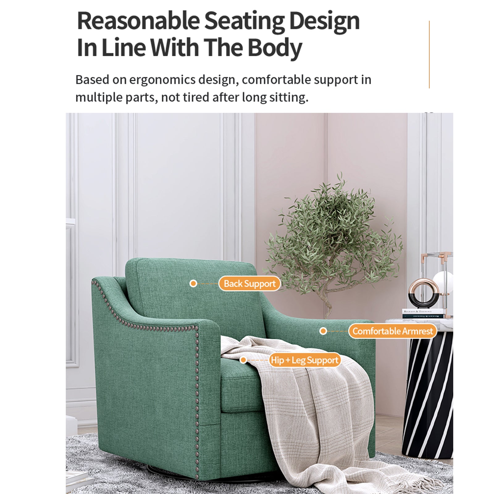 360 Degree Swivel Armchair Cotton Linen Skin Friendly Fabric Ergonomic Design Brass Nail Decorative Armchair Living Room Chairs Bedroom Chairs Living Room Chairs Black Legs Suitable For Indoor Homes