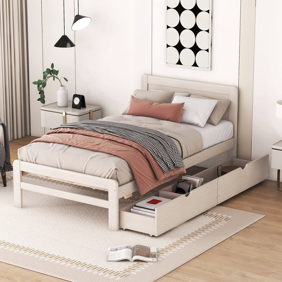 Modern Design Twin Size Platform Bed Frame With 2 Drawers For White Washed Color Twin White Washed Rubber Wood