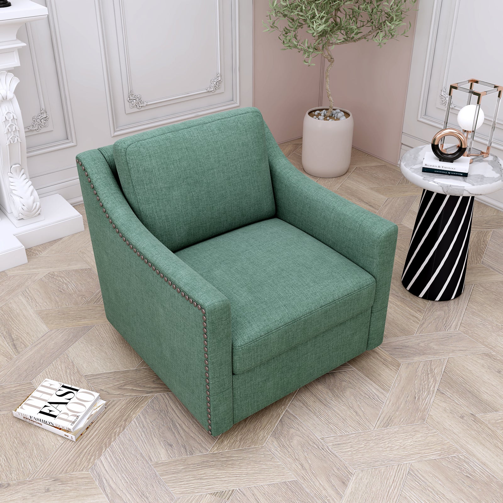 360 Degree Swivel Armchair Cotton Linen Skin Friendly Fabric Ergonomic Design Brass Nail Decorative Armchair Living Room Chairs Bedroom Chairs Living Room Chairs Black Legs Suitable For Indoor Homes