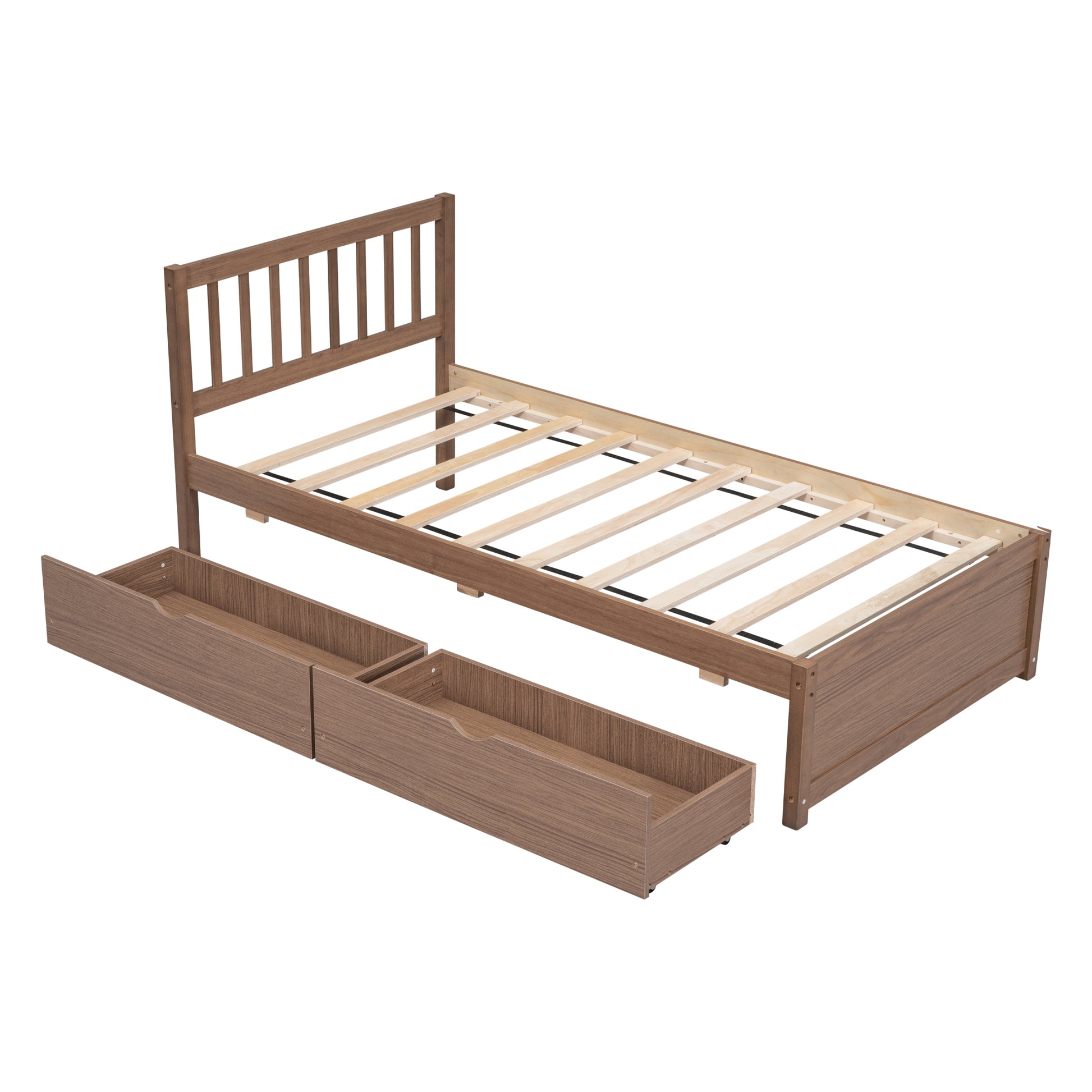 Modern Design Twin Size Platform Bed With 2 Drawers For Walnut Color Walnut Rubber Wood