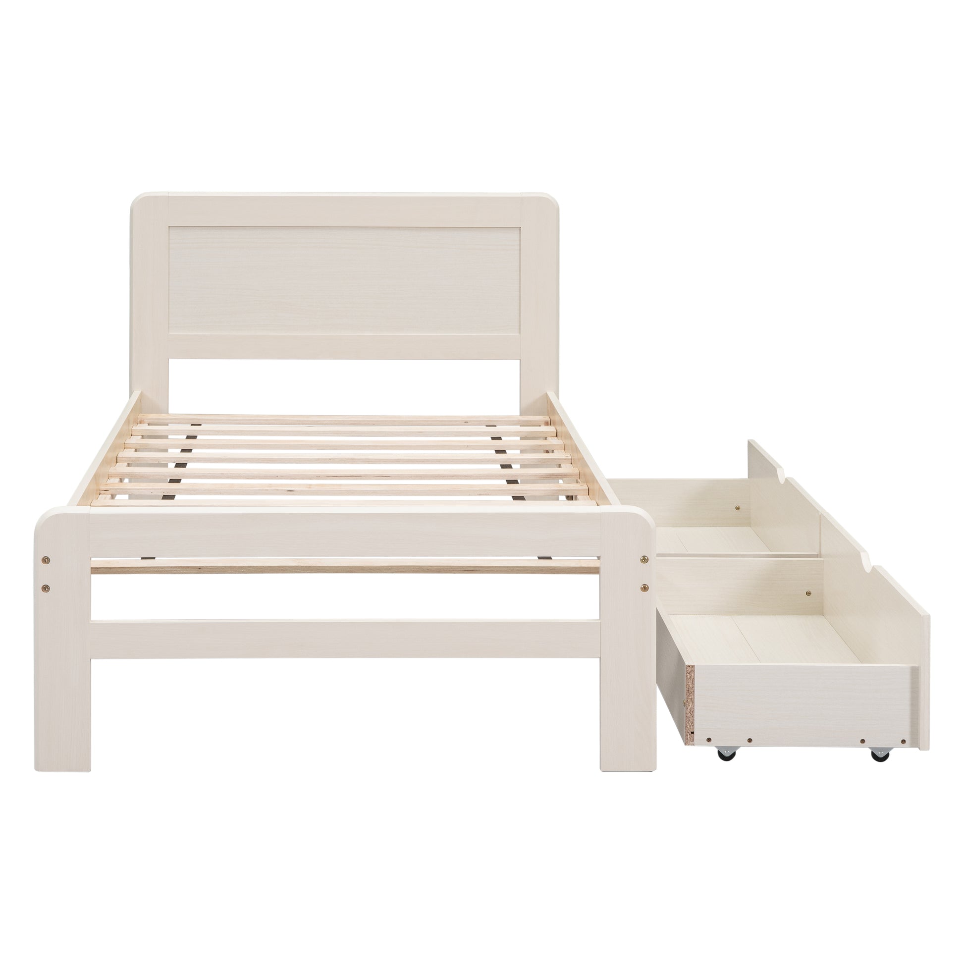 Modern Design Twin Size Platform Bed Frame With 2 Drawers For White Washed Color Twin White Washed Rubber Wood