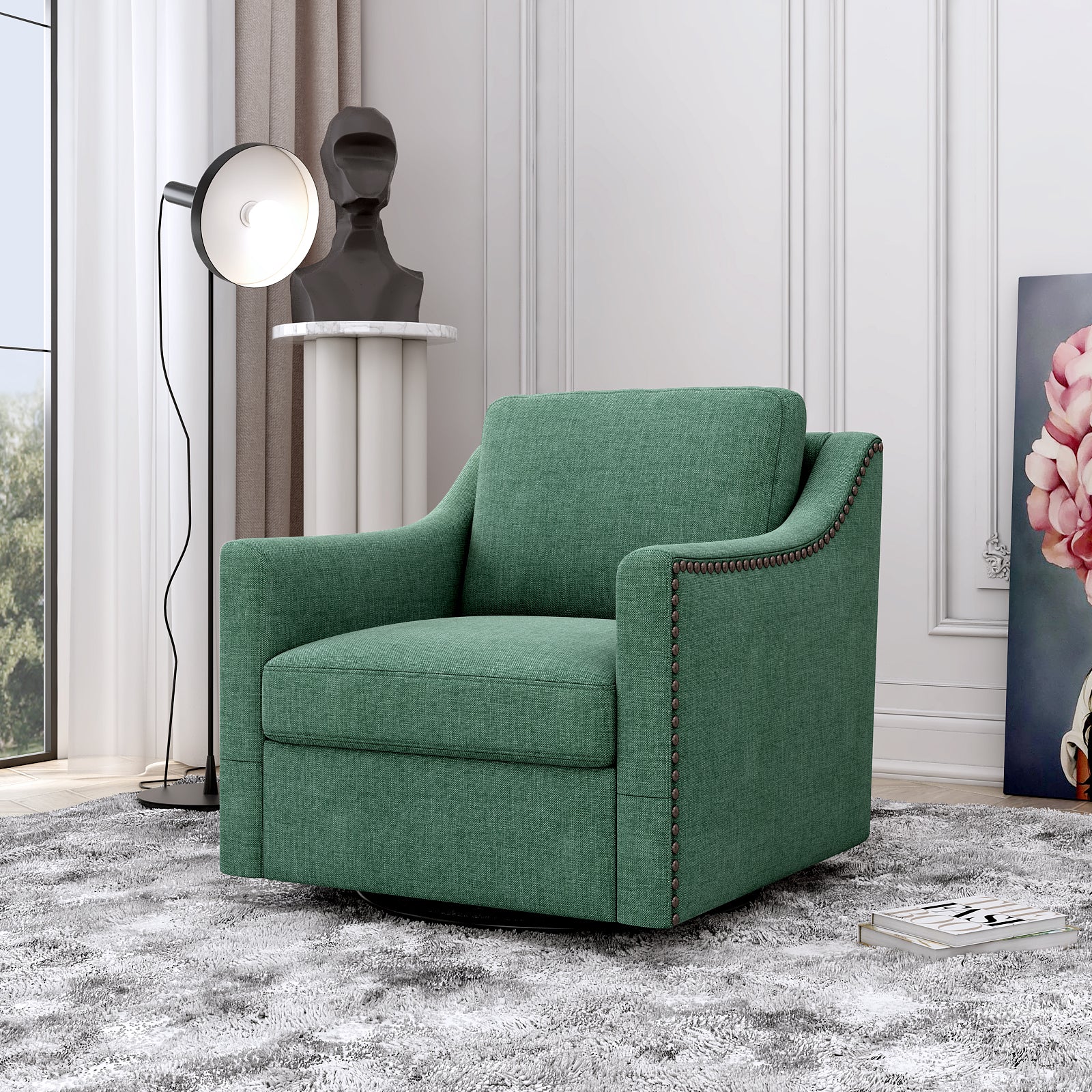 360 Degree Swivel Armchair Cotton Linen Skin Friendly Fabric Ergonomic Design Brass Nail Decorative Armchair Living Room Chairs Bedroom Chairs Living Room Chairs Black Legs Suitable For Indoor Homes
