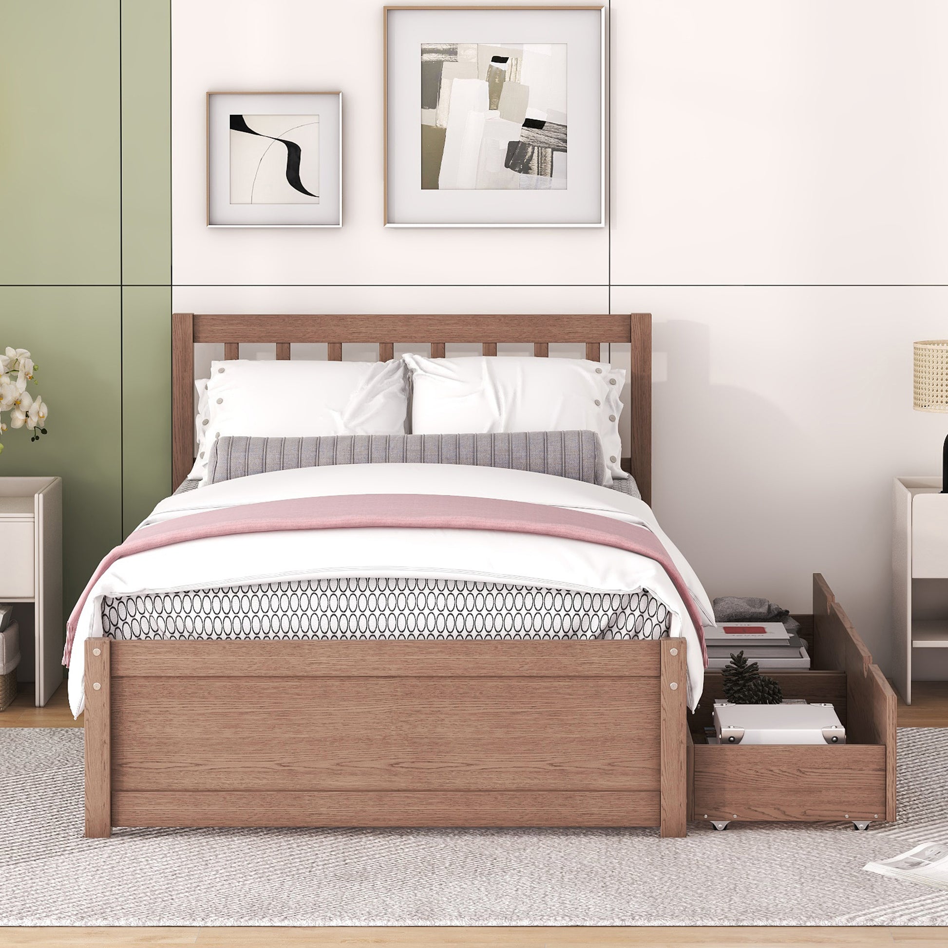 Modern Design Twin Size Platform Bed With 2 Drawers For Walnut Color Walnut Rubber Wood
