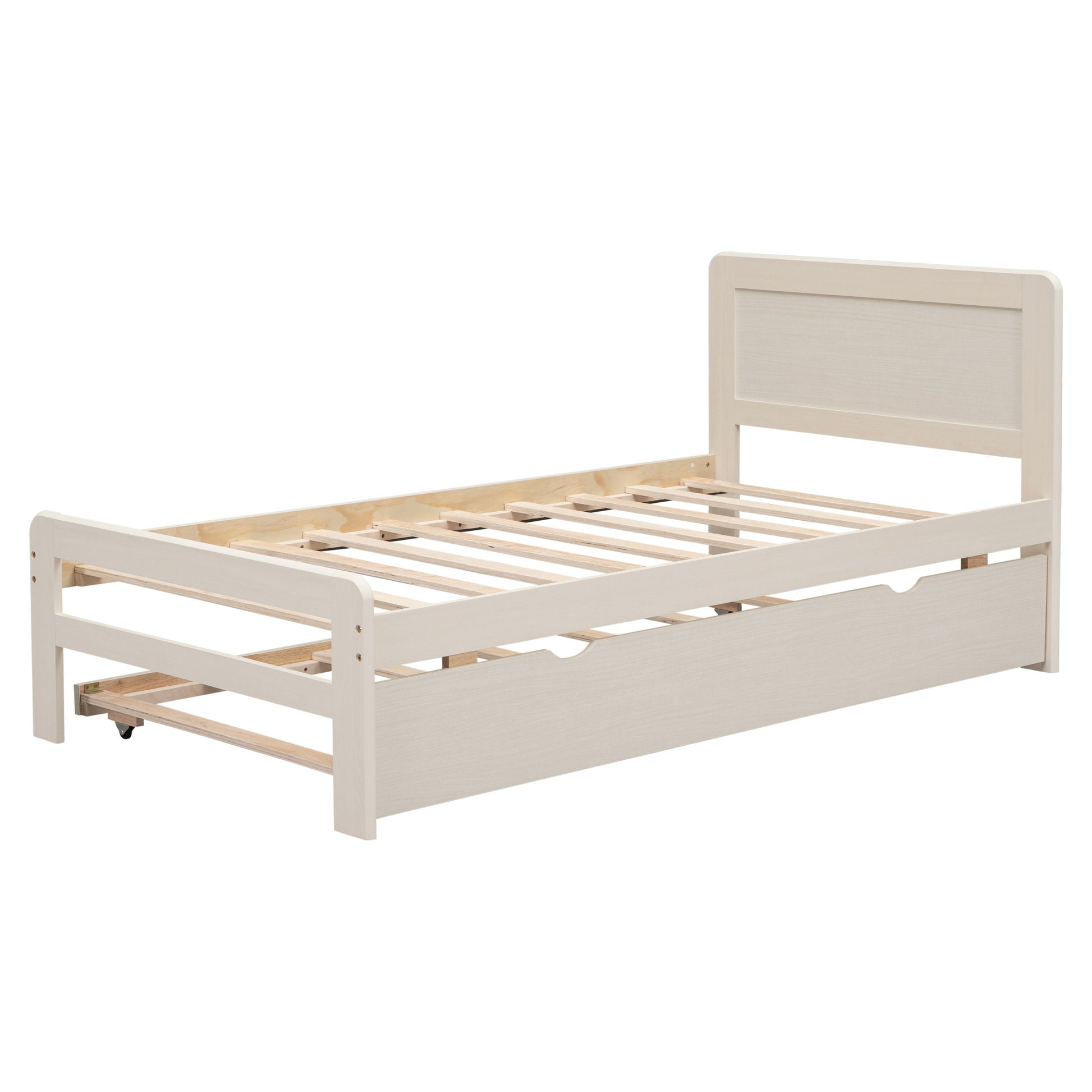 Modern Design Twin Size Platform Bed Frame With Trundle For White Washed Color White Washed Rubber Wood
