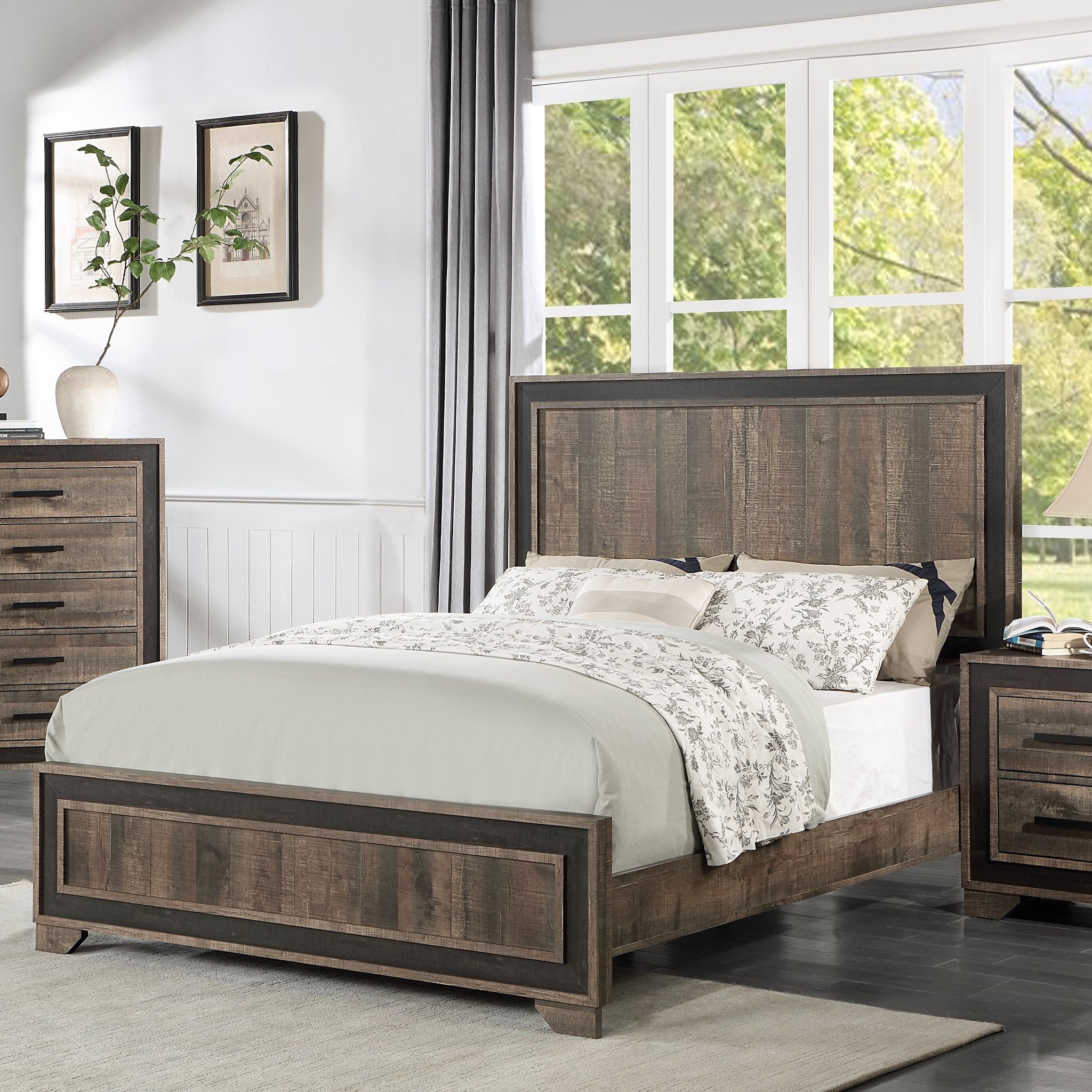 Oak Finish High Headboard 1Pc Queen Size Bed Bedroom Furniture Bedframe Panel Design Wooden Box Spring Required Queen Oak Wood Bedroom Contemporary,Modern Panel Particle Board