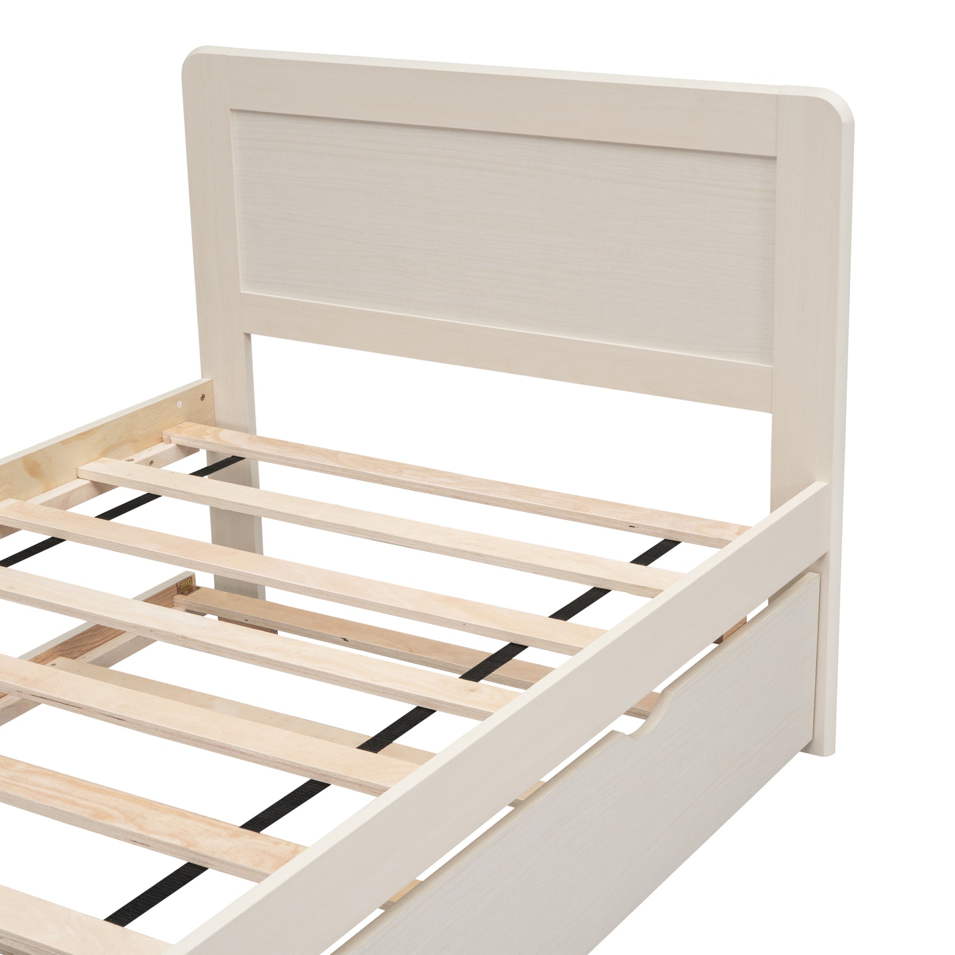 Modern Design Twin Size Platform Bed Frame With Trundle For White Washed Color White Washed Rubber Wood