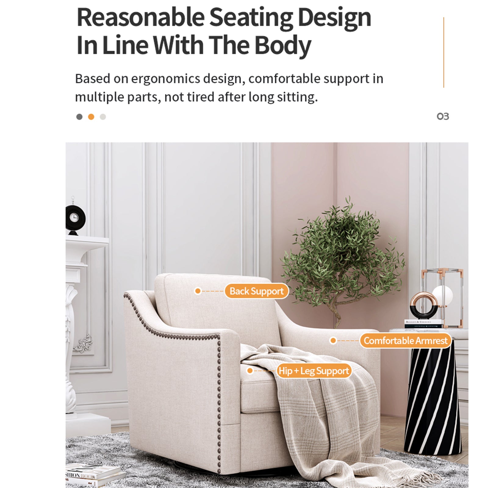 360 Degree Swivel Armchair Cotton Linen Skin Friendly Fabric Ergonomic Design Brass Nail Decorative Armchair Living Room Chairs Bedroom Chairs Living Room Chairs Black Legs Suitable For Indoor Homes White Modern Foam Cotton Linen