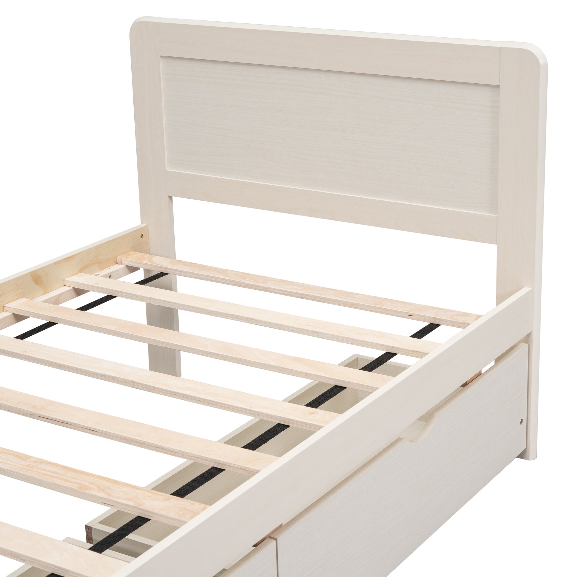 Modern Design Twin Size Platform Bed Frame With 2 Drawers For White Washed Color Twin White Washed Rubber Wood