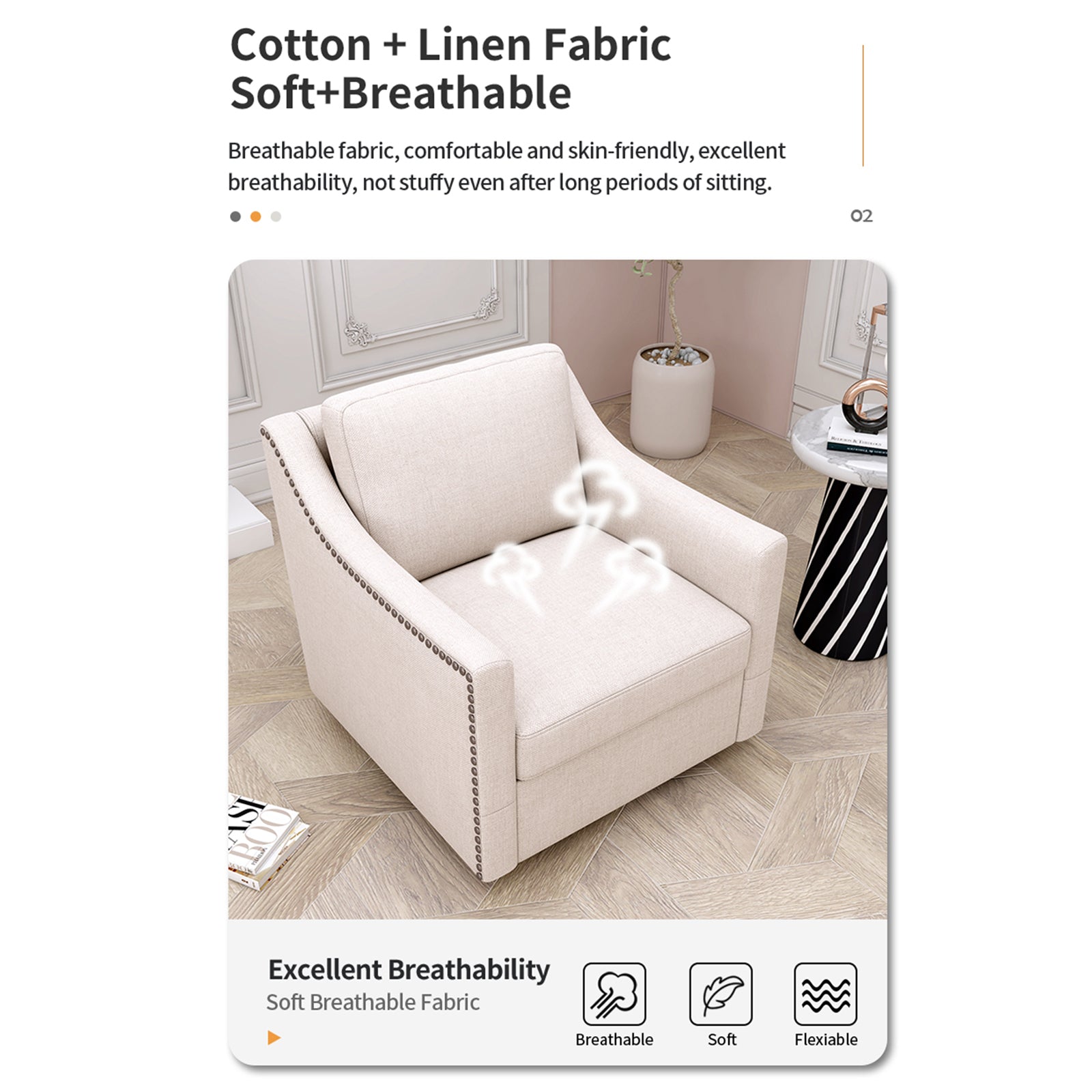 360 Degree Swivel Armchair Cotton Linen Skin Friendly Fabric Ergonomic Design Brass Nail Decorative Armchair Living Room Chairs Bedroom Chairs Living Room Chairs Black Legs Suitable For Indoor Homes White Modern Foam Cotton Linen