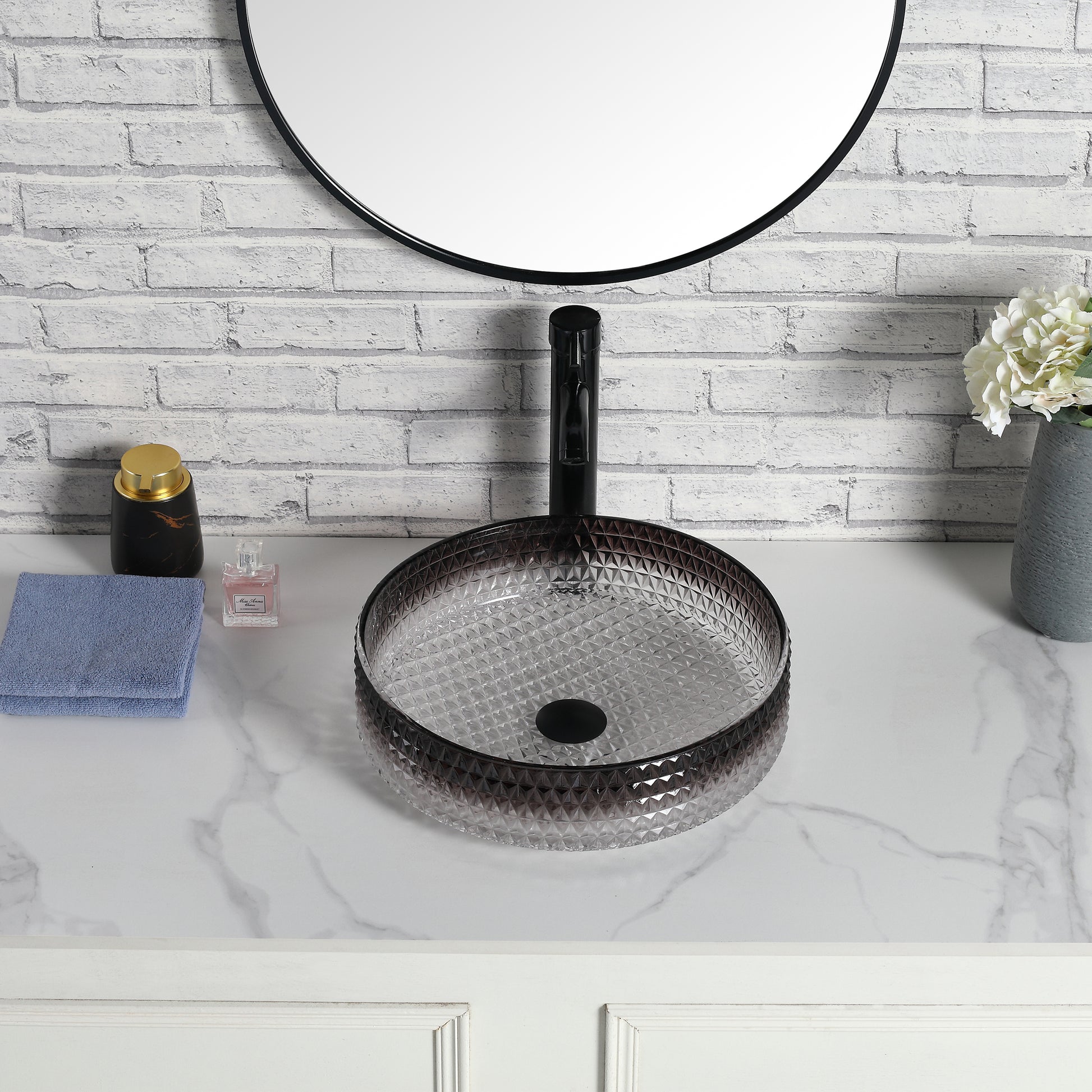 Diamond Shape Bathroom Crystal Glass Vessel Sink, Bathroom Countertop Basin Transparent Gradient Black Grey Grey White Modern Glass