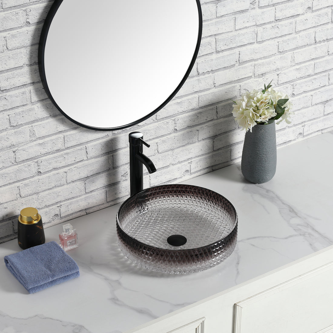 Diamond Shape Bathroom Crystal Glass Vessel Sink, Bathroom Countertop Basin Transparent Gradient Black Grey Grey White Modern Glass