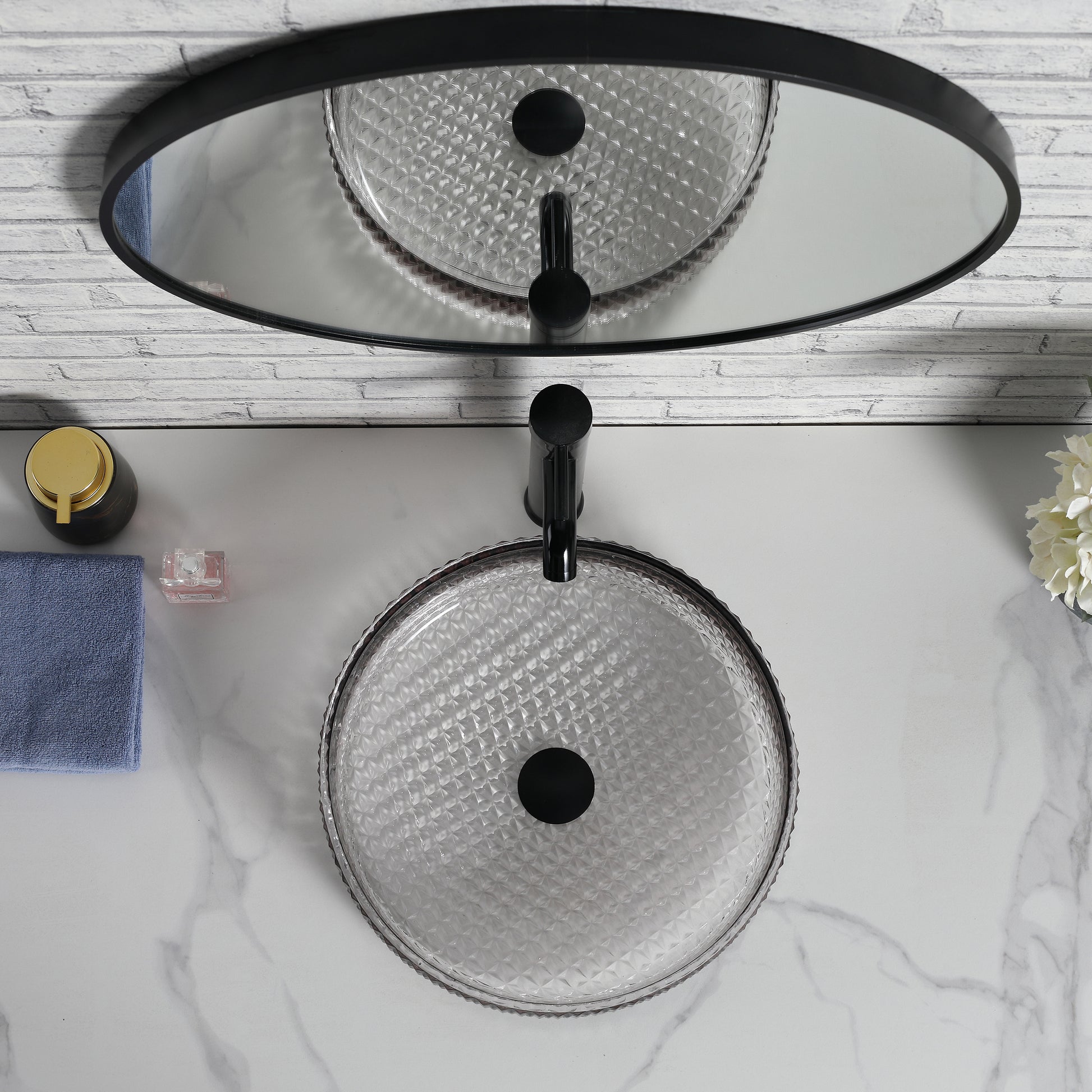 Diamond Shape Bathroom Crystal Glass Vessel Sink, Bathroom Countertop Basin Transparent Gradient Black Grey Grey White Modern Glass