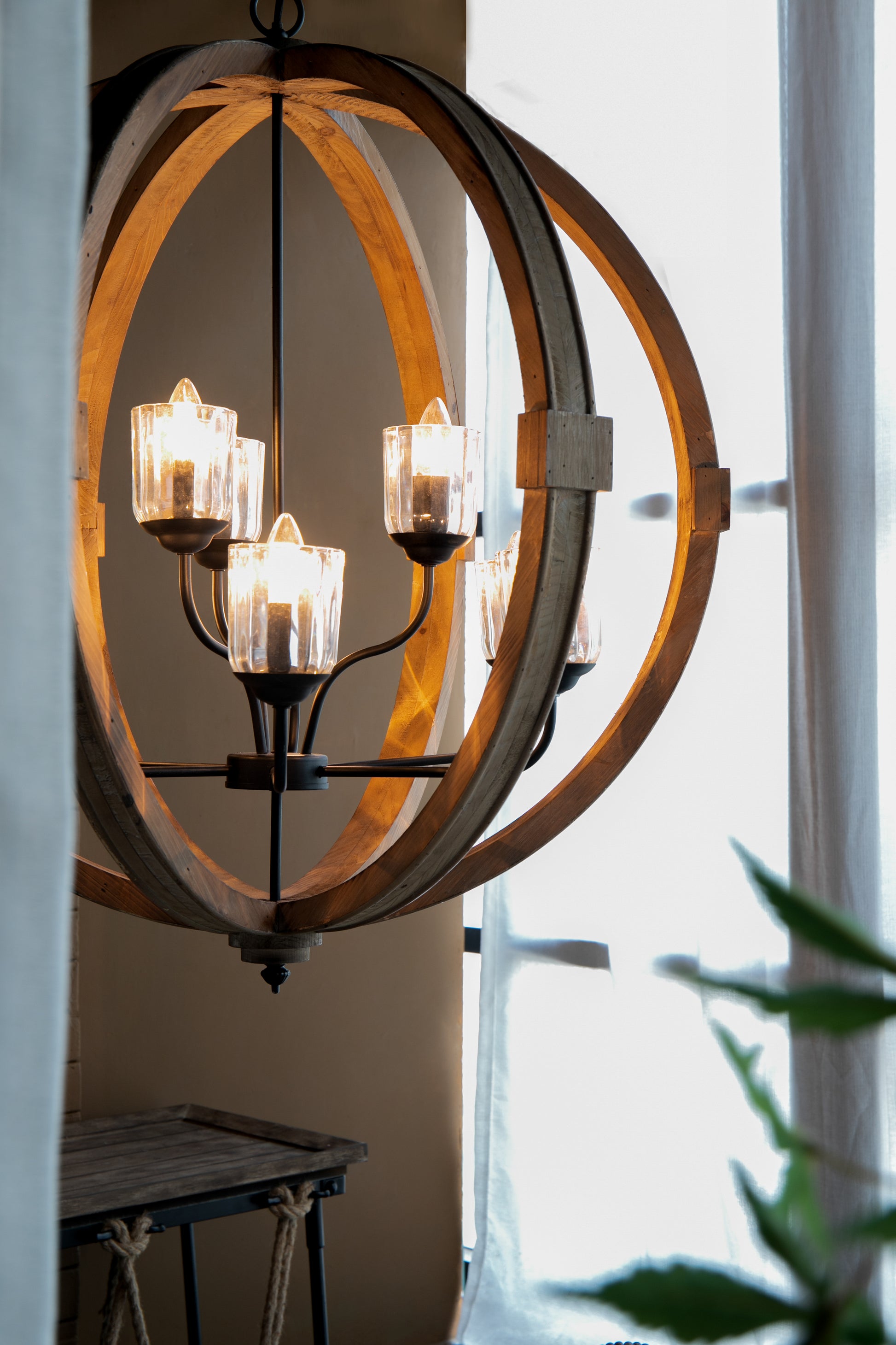 9 Light Globe Chandelier, Wood Chandelier Hanging Light Fixture With Adjustable Chain For Kitchen Dining Room Foyer Entryway, Bulb Not Included Brown Wood