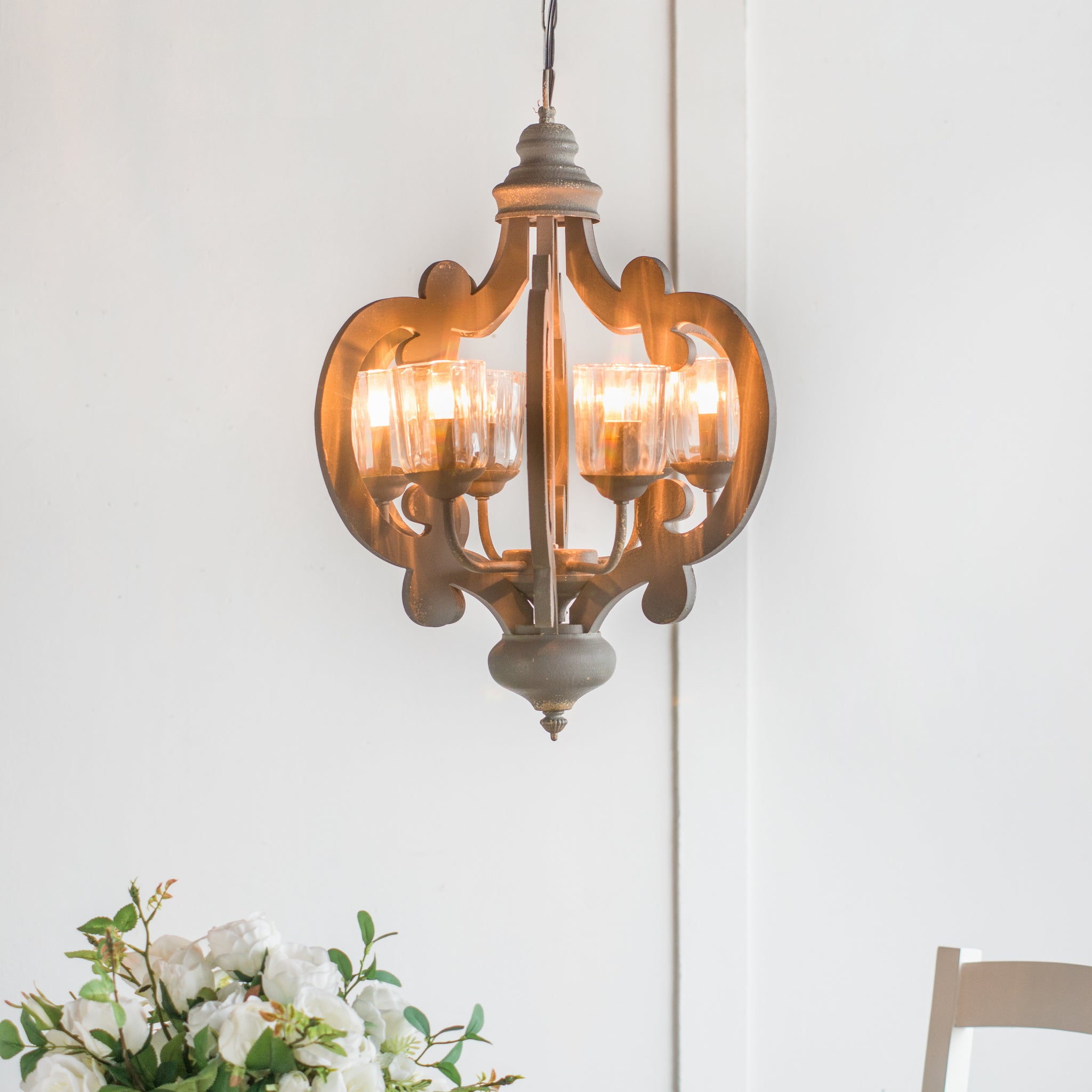 Farmhouse Chandelier, 6 Light Wood Chandelier Pendant Light Fixture With Adjustable Chain For Dining Room Living Room Entryway, Bulb Not Included Gray Mdf Metal