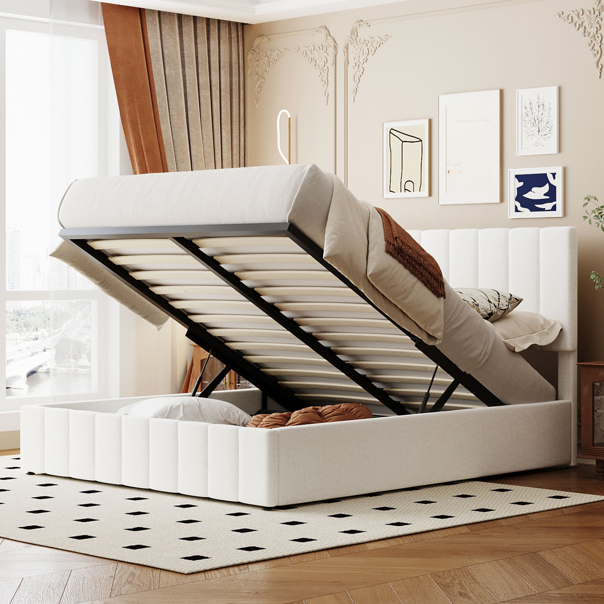 Queen Size Upholstered Platform Bed With A Hydraulic Storage System White White Upholstered