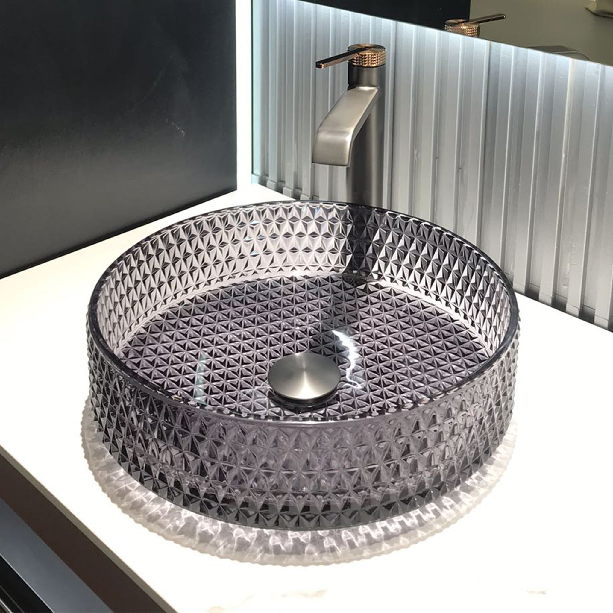 Glass Basin Circular Vessel Bathroom Basin, Bathroom Countertop Basin Transparent Grey Grey Bathroom Modern Glass