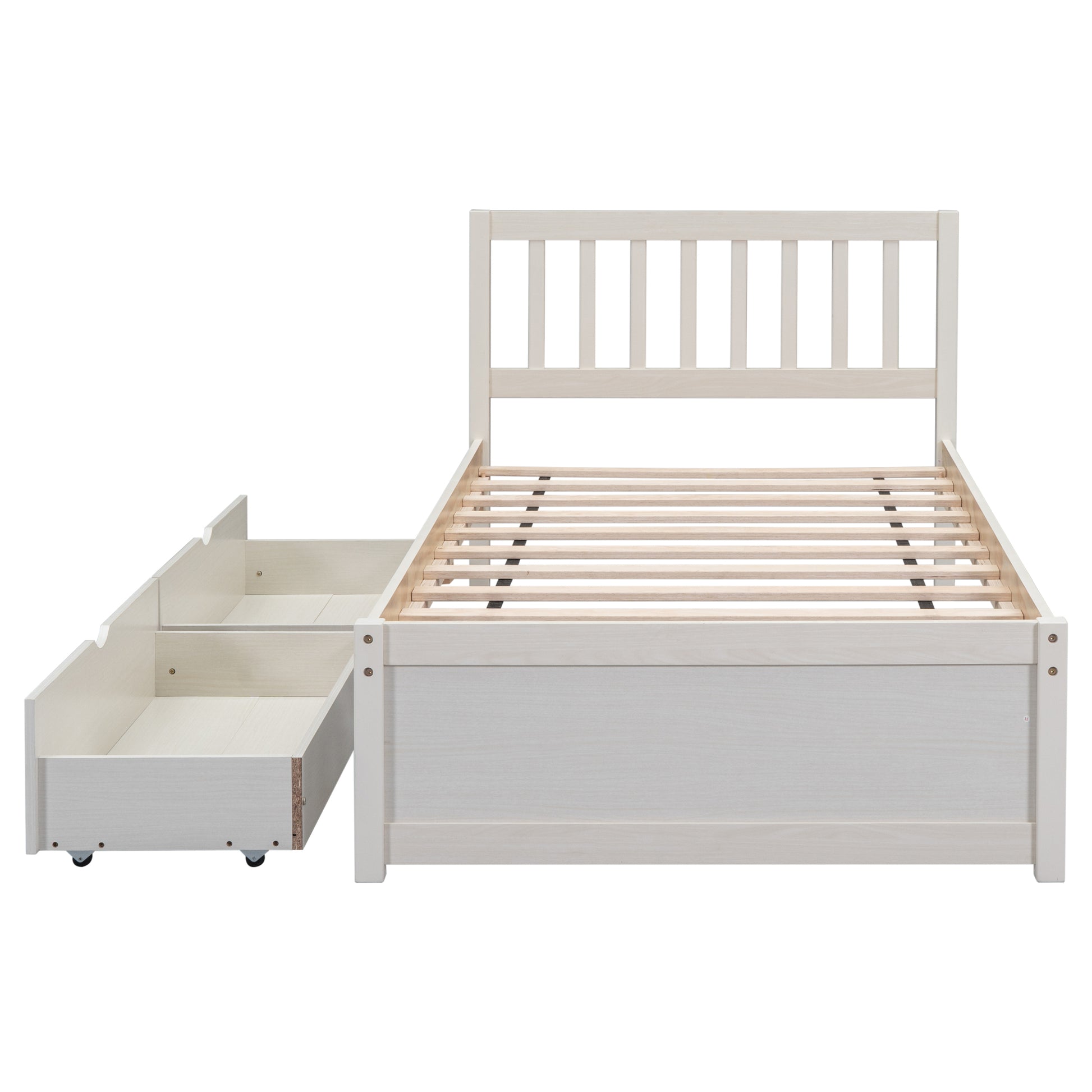 Modern Design Wooden Twin Size Platform Bed With 2 Drawers For White Washed Color White Washed Rubber Wood
