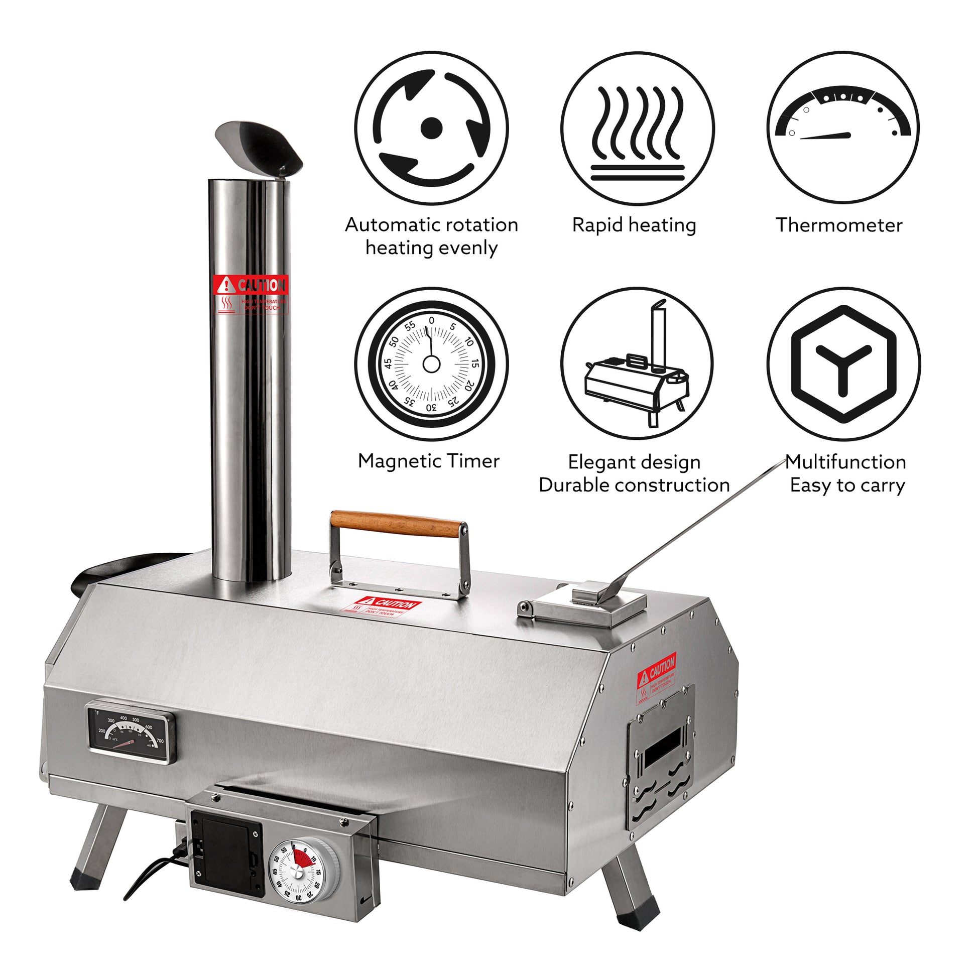 Stainless Steel Pizza Oven Outdoor 12" Automatic Rotatable Pizza Ovens,Portable Wood Fired Pizza Oven Pizza Maker With Timer, Built In Thermometer,Pizza Cutter & Carry Bag Silver Garden & Outdoor American Design Stainless Steel Stainless Steel