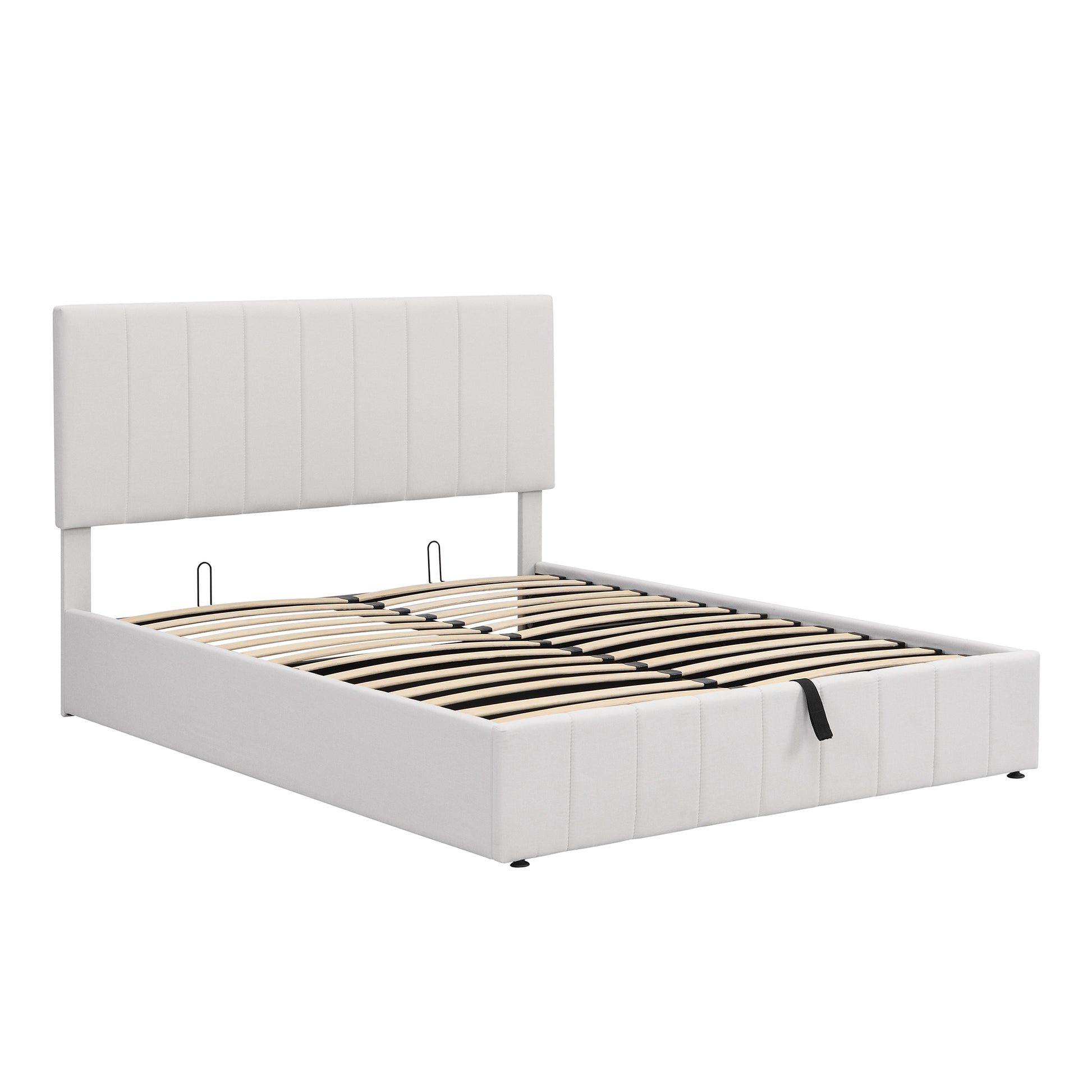 Queen Size Upholstered Platform Bed With A Hydraulic Storage System White White Upholstered