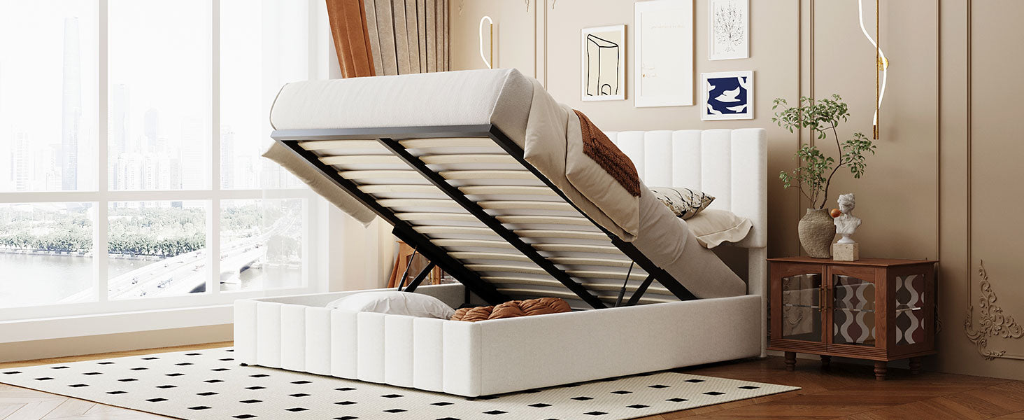 Queen Size Upholstered Platform Bed With A Hydraulic Storage System White White Upholstered