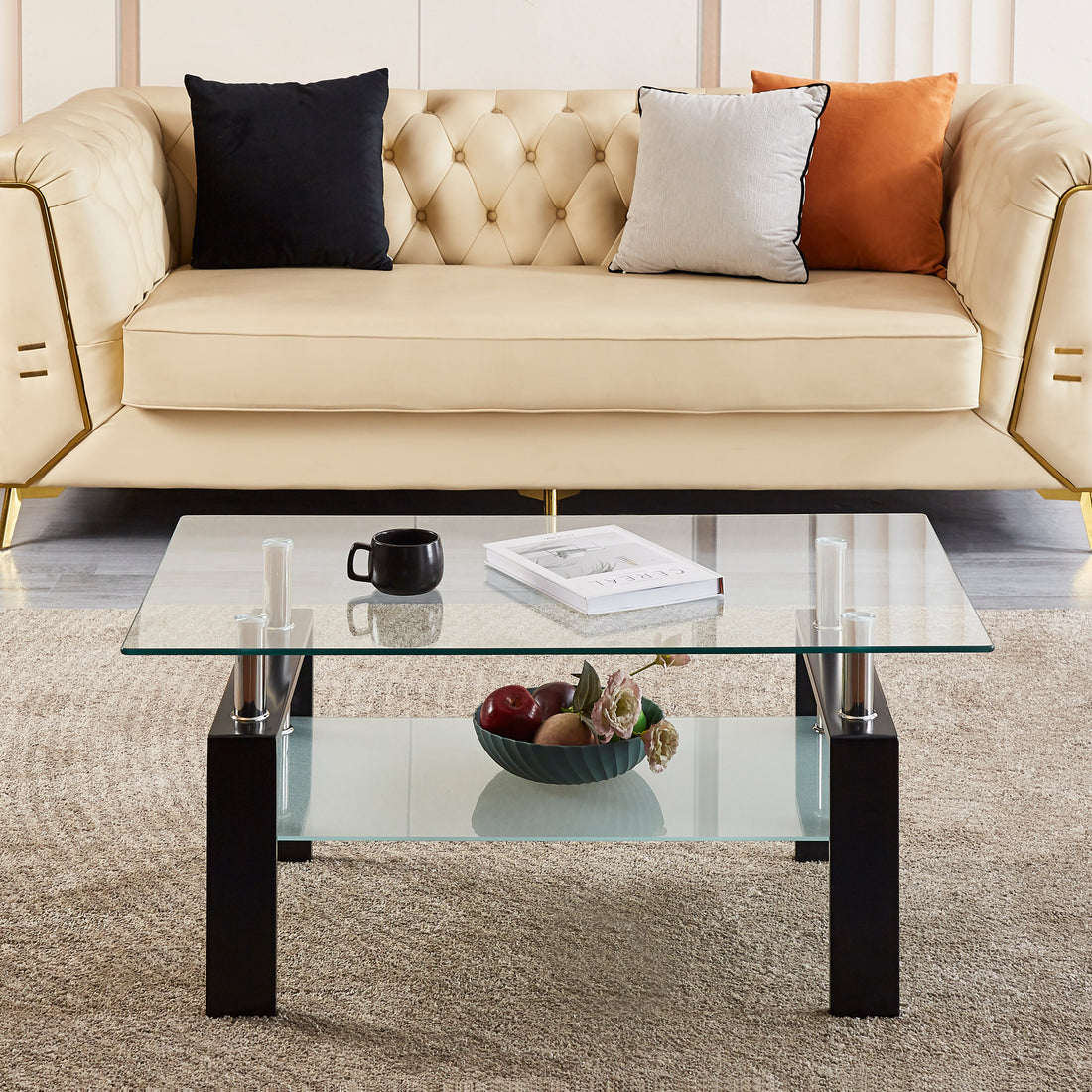 Tempered Clear Glass Coffee Table, 2 Layers Coffee Table Living Room Center Table Transparent Glass