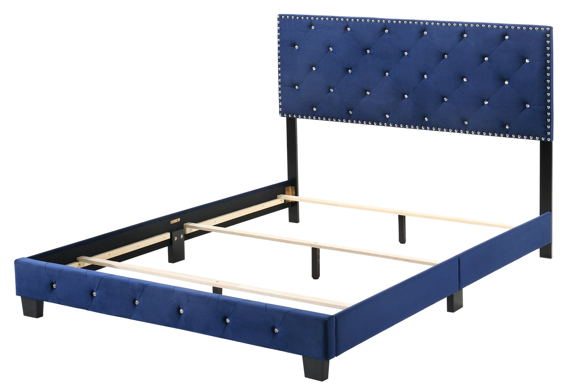 Elegant Transitional Navy Blue King Bed Navy Blue Foam Velvet