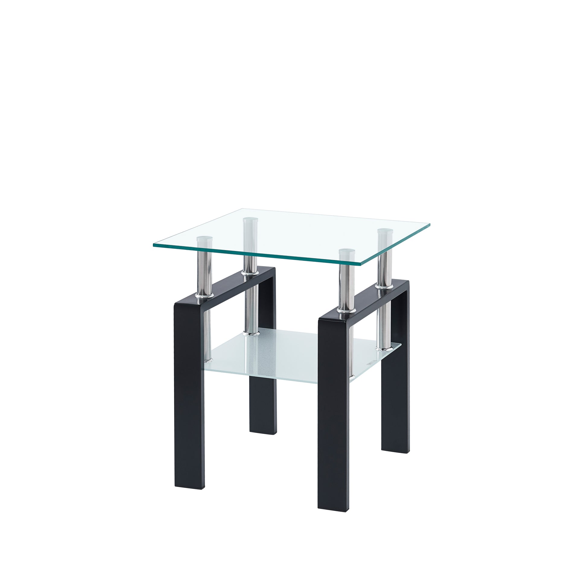 Tempered Transparent Glass End Table, 2 Layers Small Table With Storage, Living Room Side Table Clear Tempered Glass