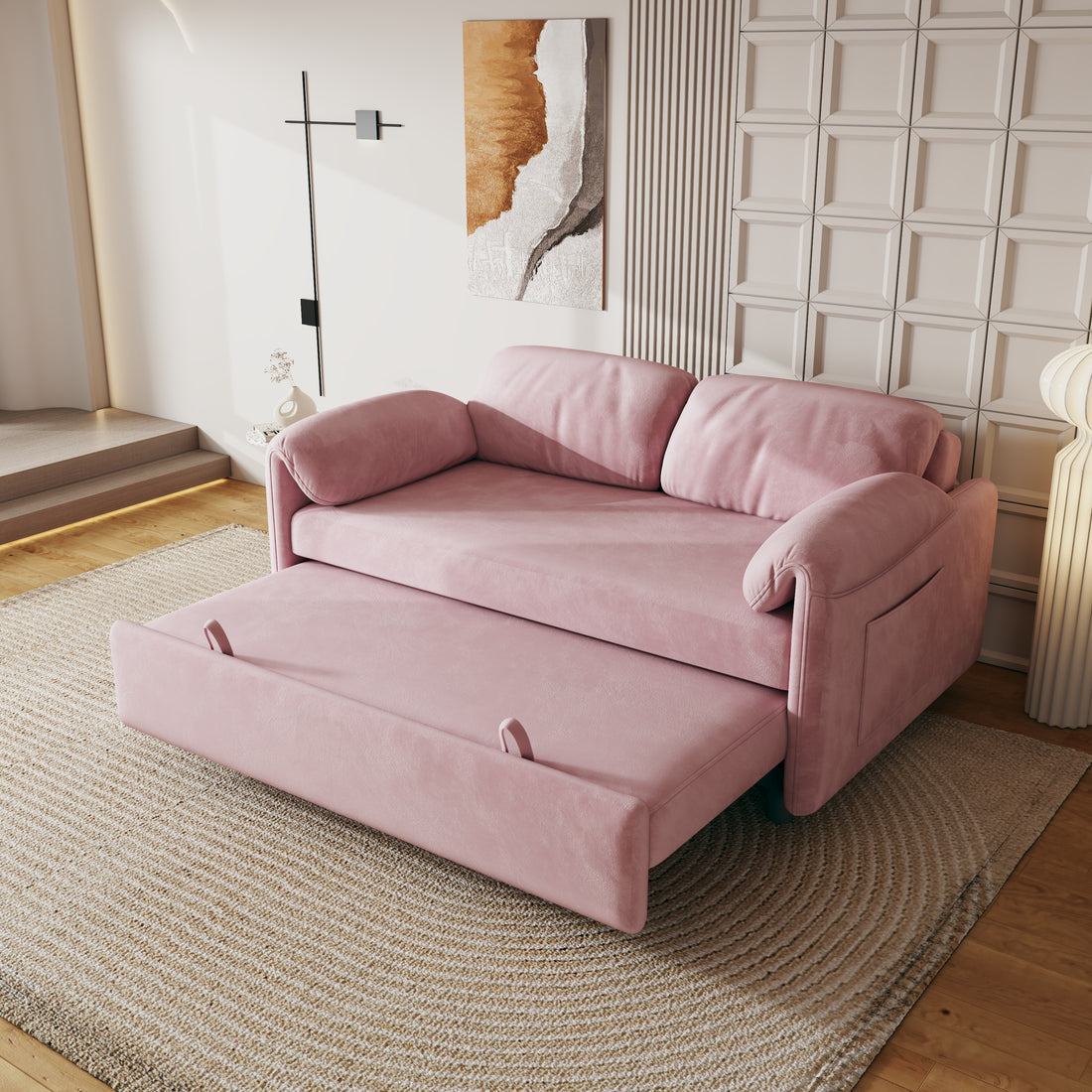 54 Inch Velvet Pink Sofa Sofa Bed Multi Purpose Living Room Retractable Bed Pink Velvet