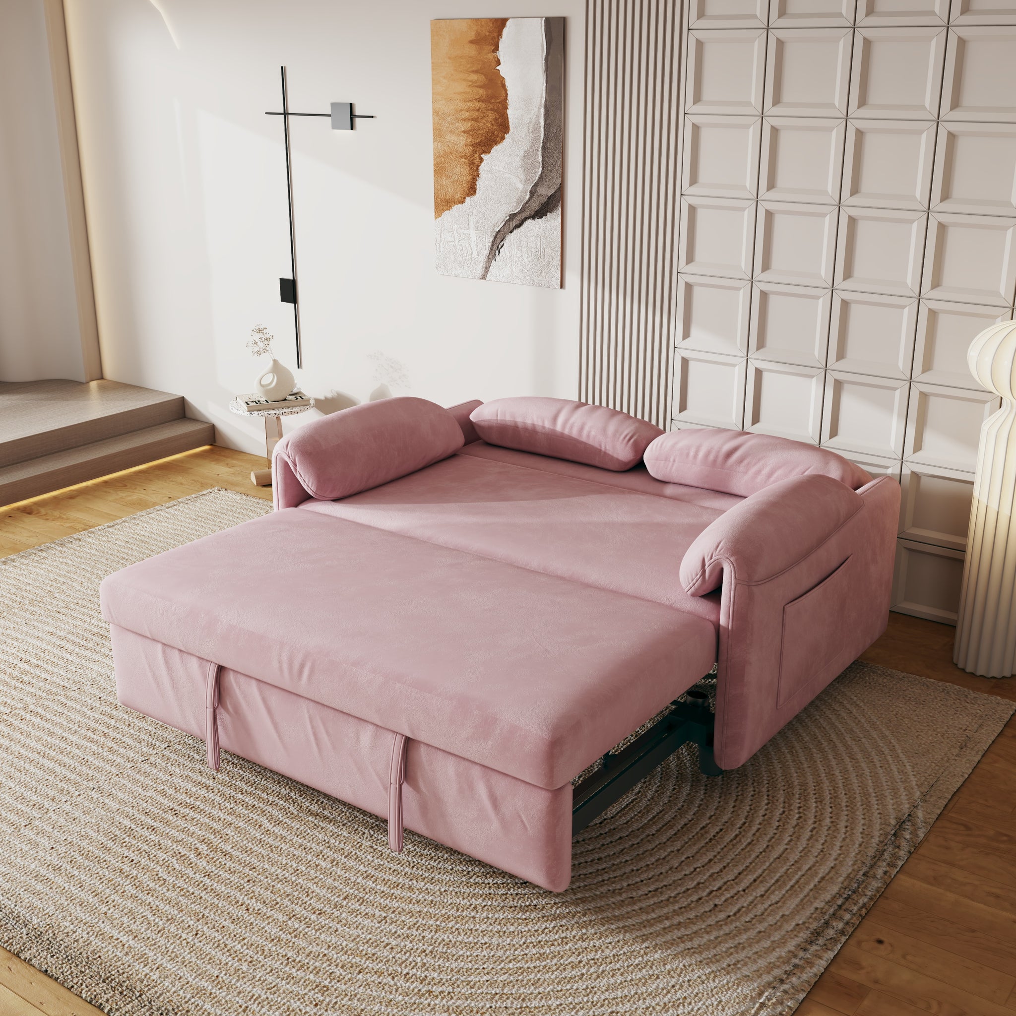 54 Inch Velvet Pink Sofa Sofa Bed Multi Purpose Living Room Retractable Bed Pink Velvet