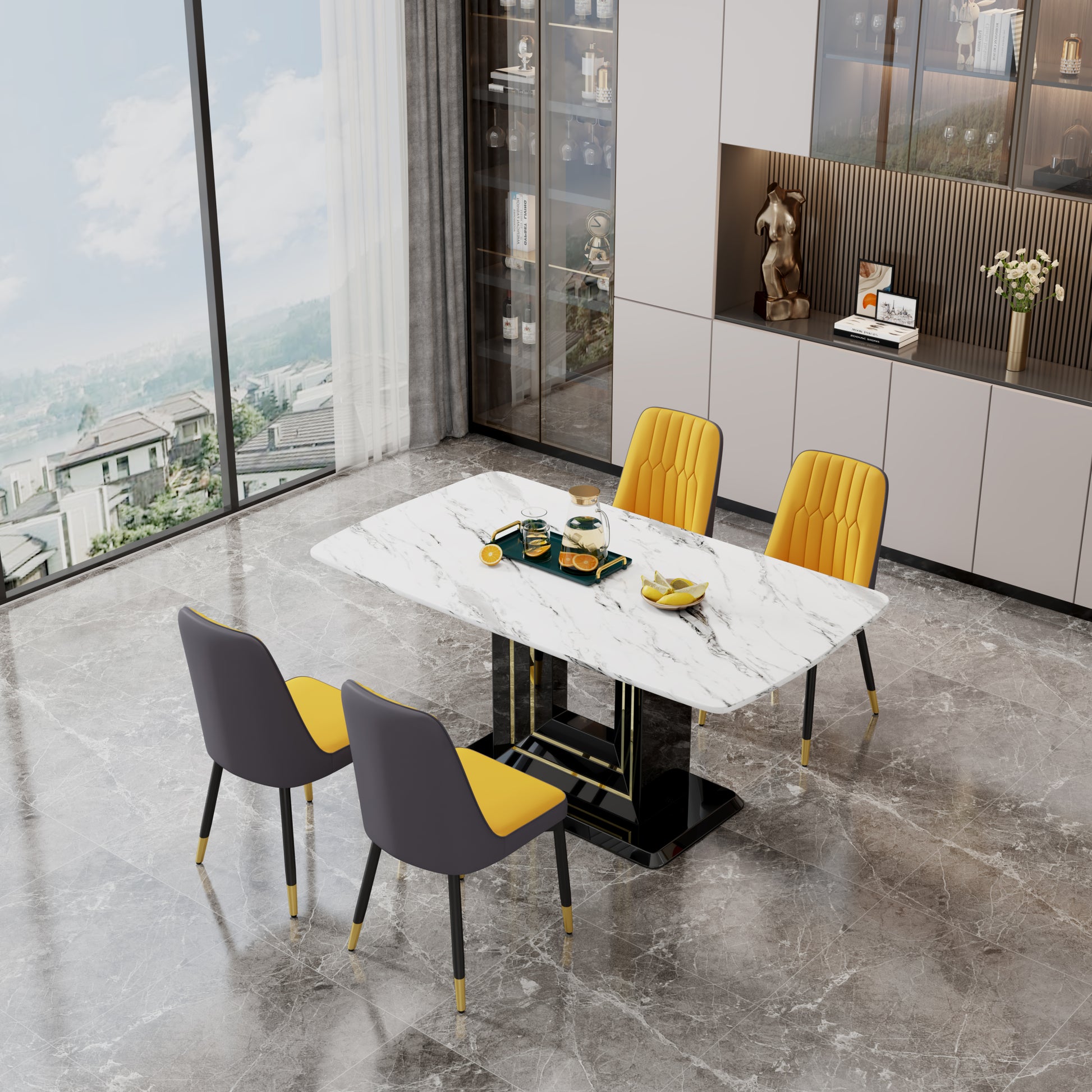 Table And Chair Set, 1 Table, 4 Pu Chairs. White Imitation Marble Pattern Desktop. Black Mdf Table Legs. Chair With Orange Deep Gray Dual Tone Pu Leather Backrest And Black Metal Legs F Sq C 007 White Mdf Glass