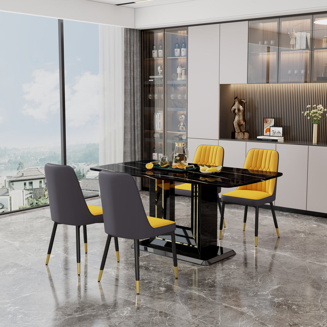 Table And Chair Set, 1 Table, 4 Pu Chairs. Black Imitation Marble Pattern Desktop. Black Mdf Table Legs. Chair With Orange Dark Gray Dual Tone Pu Leather Backrest And Black Metal Legs F Sq C 007 Black Mdf Glass