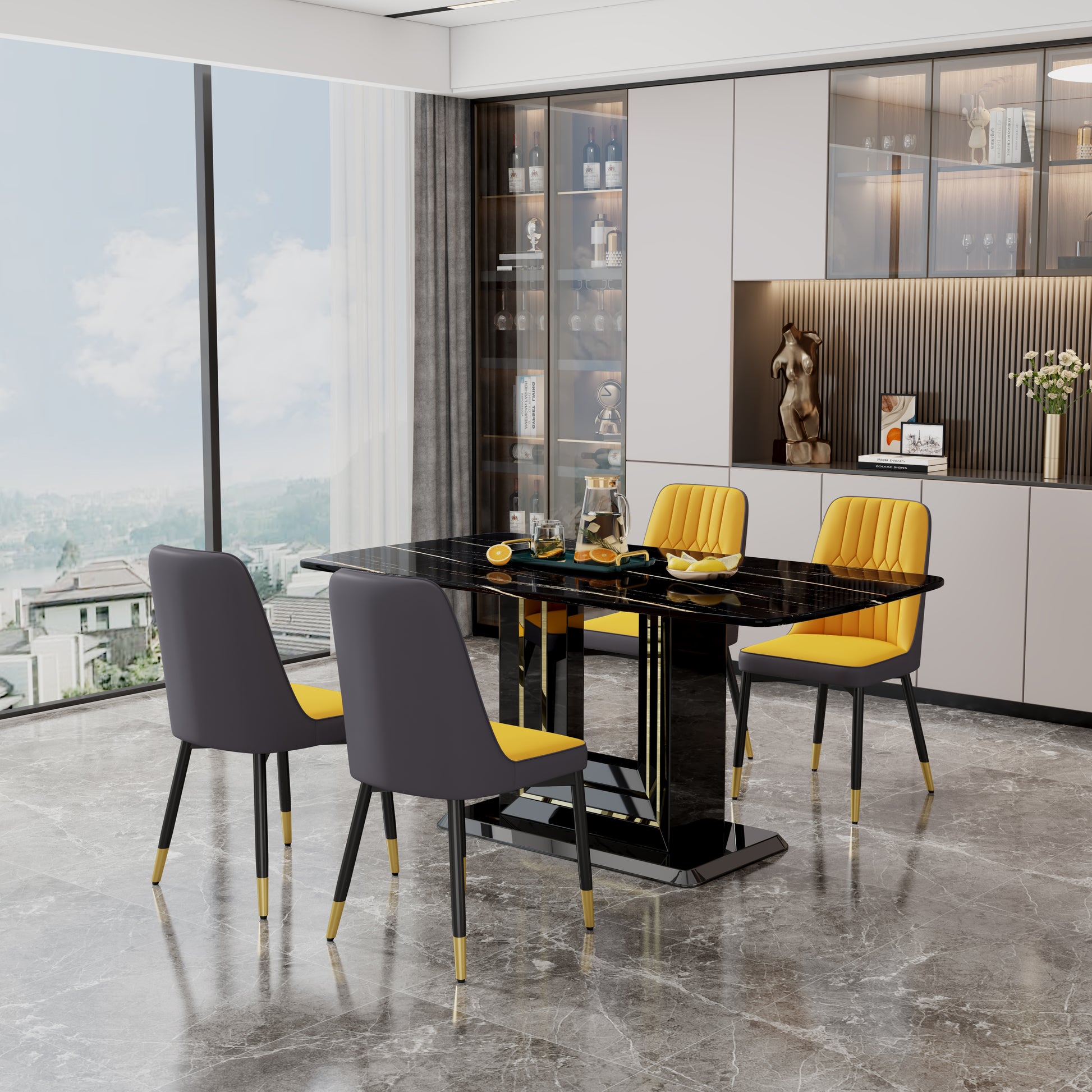 Table And Chair Set, 1 Table, 4 Pu Chairs. Black Imitation Marble Pattern Desktop. Black Mdf Table Legs. Chair With Orange Dark Gray Dual Tone Pu Leather Backrest And Black Metal Legs F Sq C 007 Black Mdf Glass