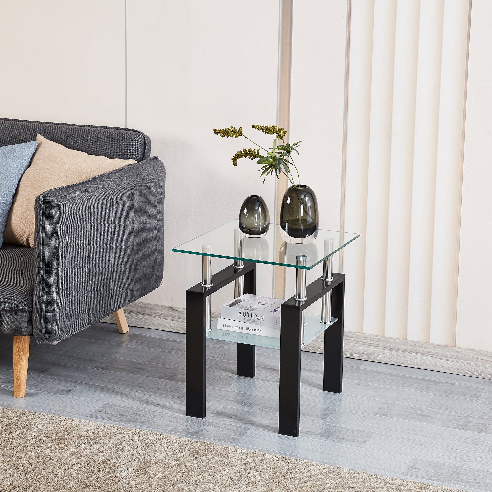 Tempered Transparent Glass End Table, 2 Layers Small Table With Storage, Living Room Side Table Clear Tempered Glass