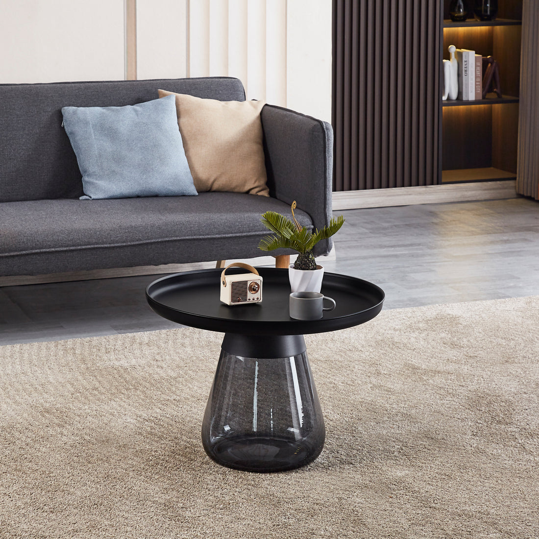 Smoke Glass Base With Black Painting Top Coffee Table, Living Room Center Table Smoke Glass