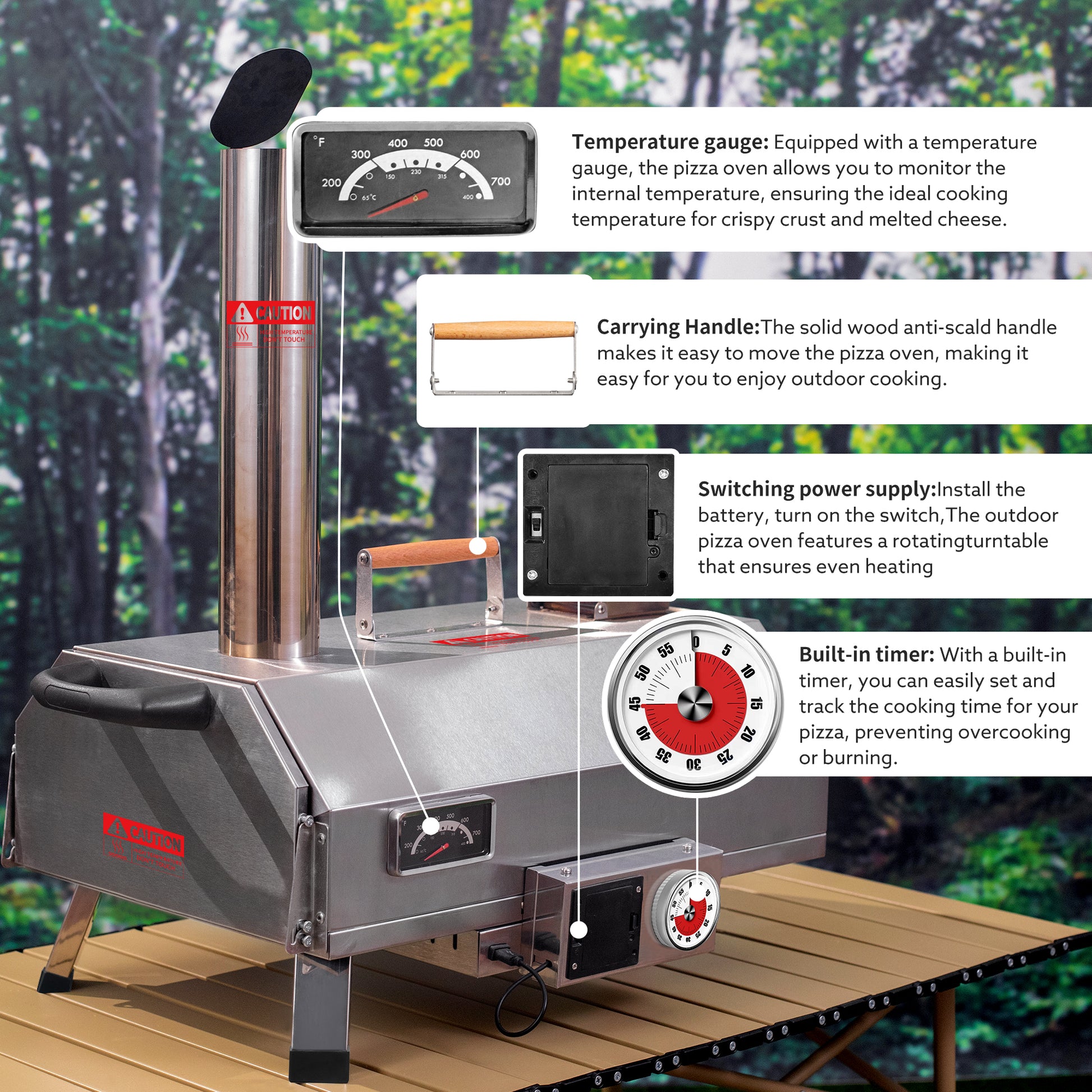 Stainless Steel Pizza Oven Outdoor 12" Automatic Rotatable Pizza Ovens,Portable Wood Fired Pizza Oven Pizza Maker With Timer, Built In Thermometer,Pizza Cutter & Carry Bag Silver Garden & Outdoor American Design Stainless Steel Stainless Steel