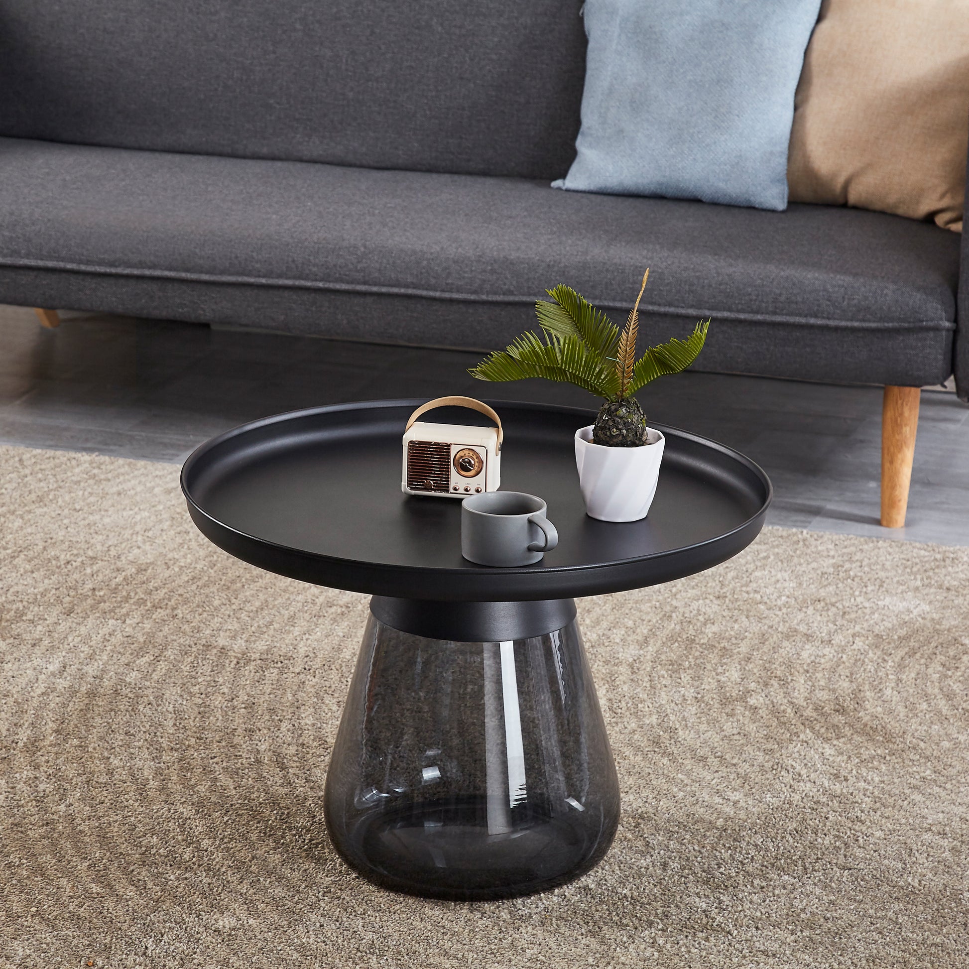 Smoke Glass Base With Black Painting Top Coffee Table, Living Room Center Table Smoke Glass