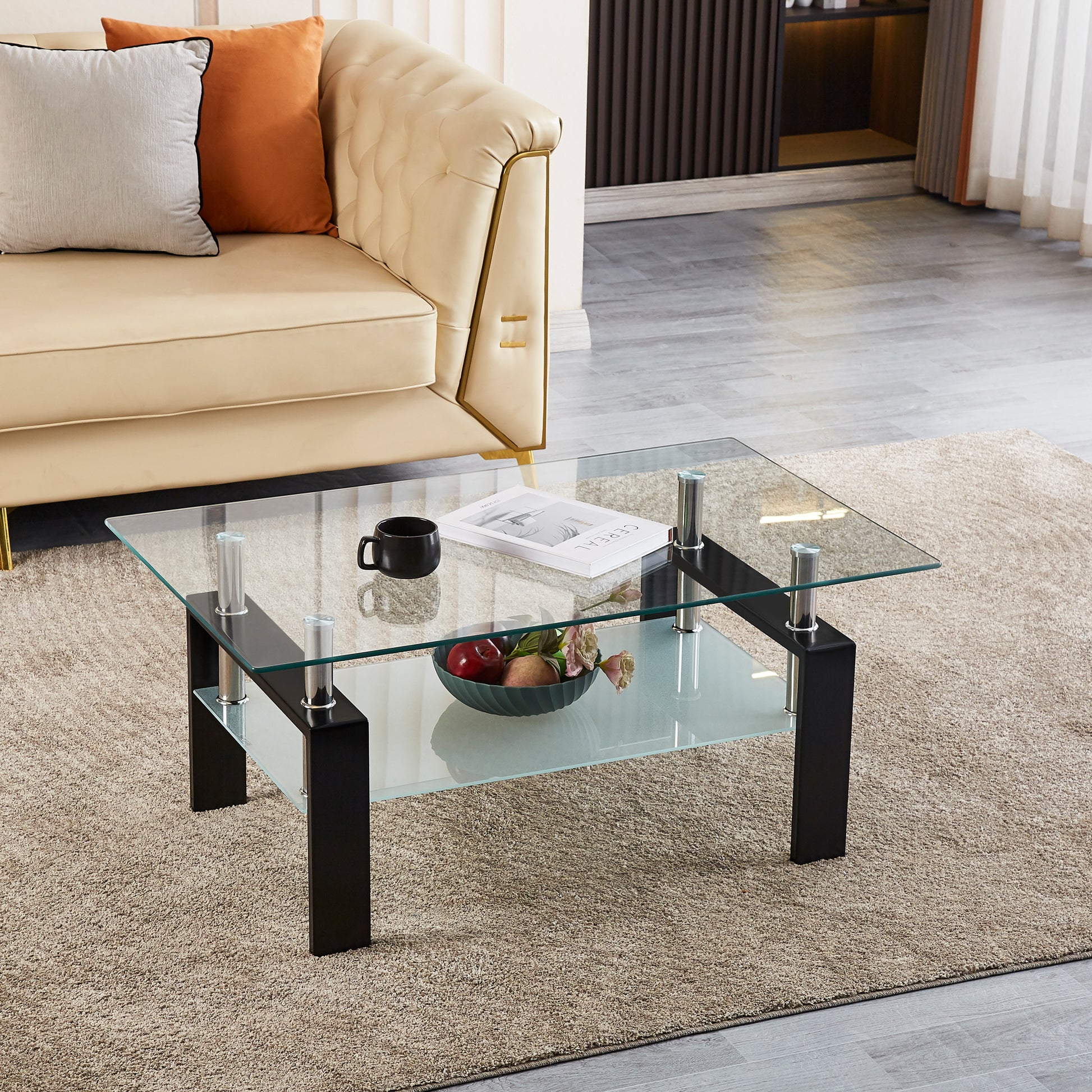 Tempered Clear Glass Coffee Table, 2 Layers Coffee Table Living Room Center Table Transparent Glass