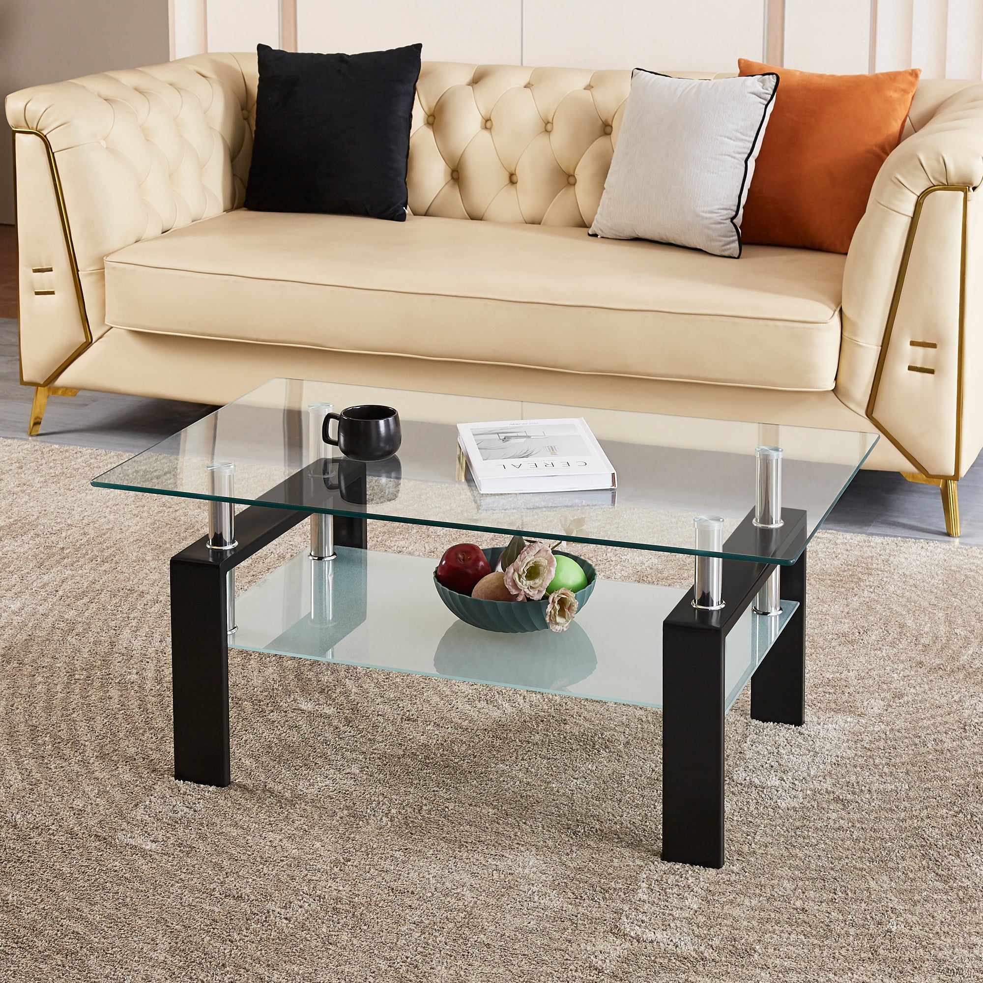 Tempered Clear Glass Coffee Table, 2 Layers Coffee Table Living Room Center Table Transparent Glass