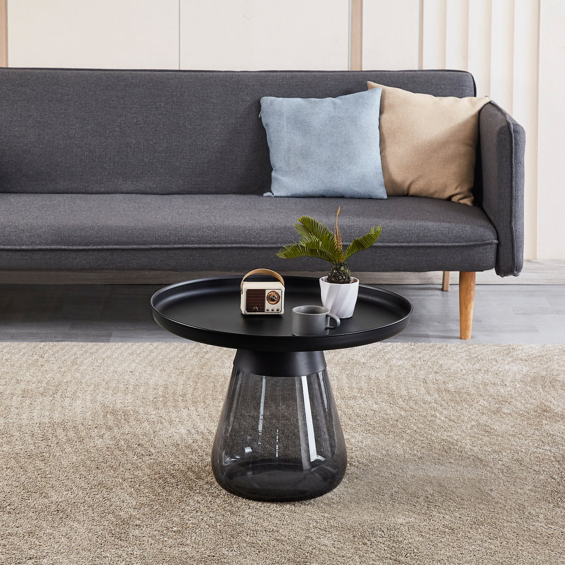 Smoke Glass Base With Black Painting Top Coffee Table, Living Room Center Table Smoke Glass