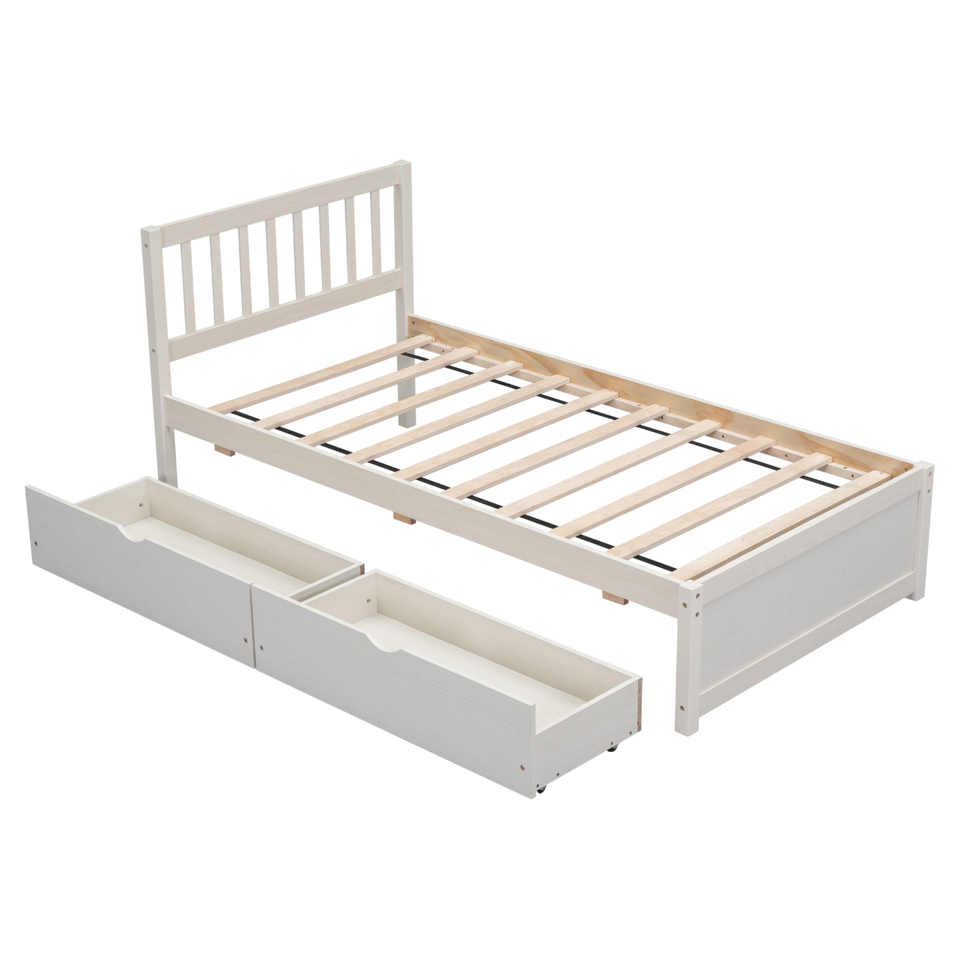 Modern Design Wooden Twin Size Platform Bed With 2 Drawers For White Washed Color White Washed Rubber Wood