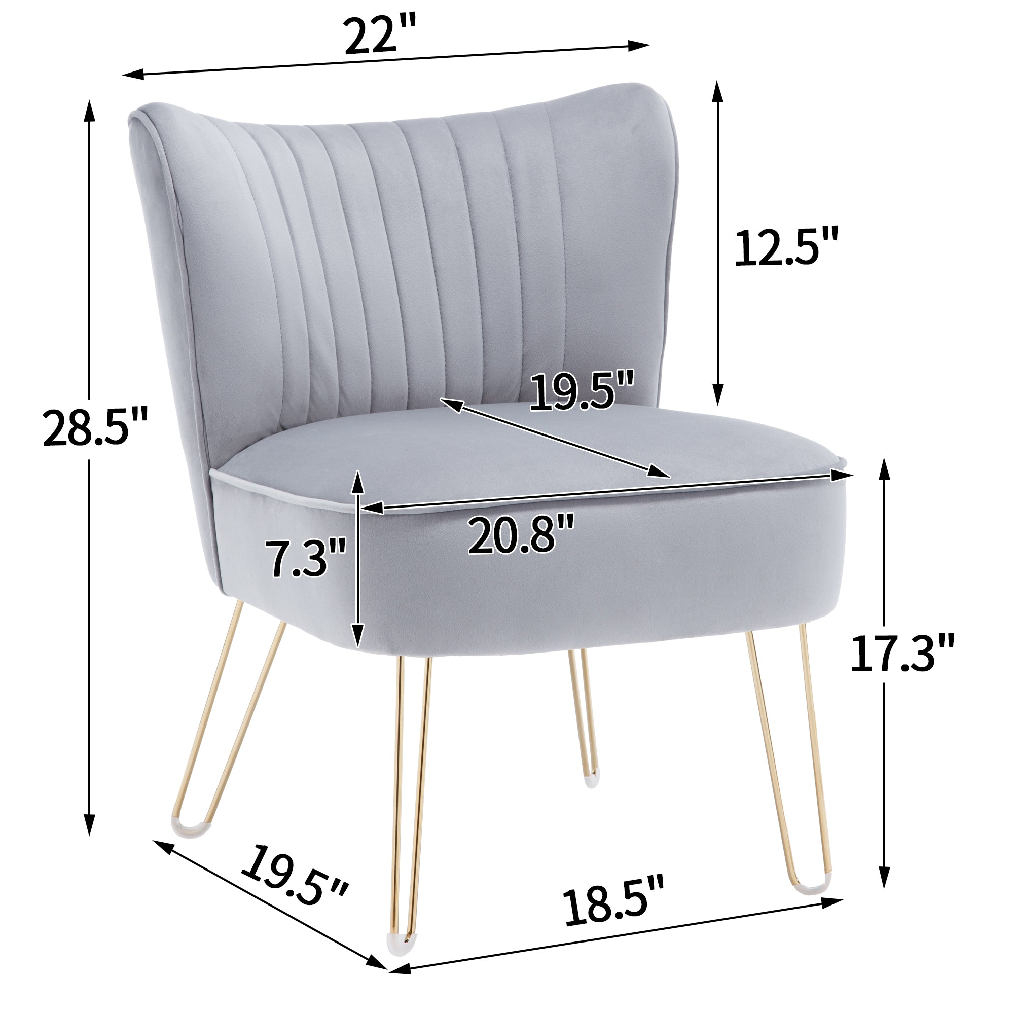 Hengming Modern Velvet Chair, Armless Side Chair, Metal Leg Chair, Suitable For Living Room And Bedroom Set Of 2 Light Gray Velvet