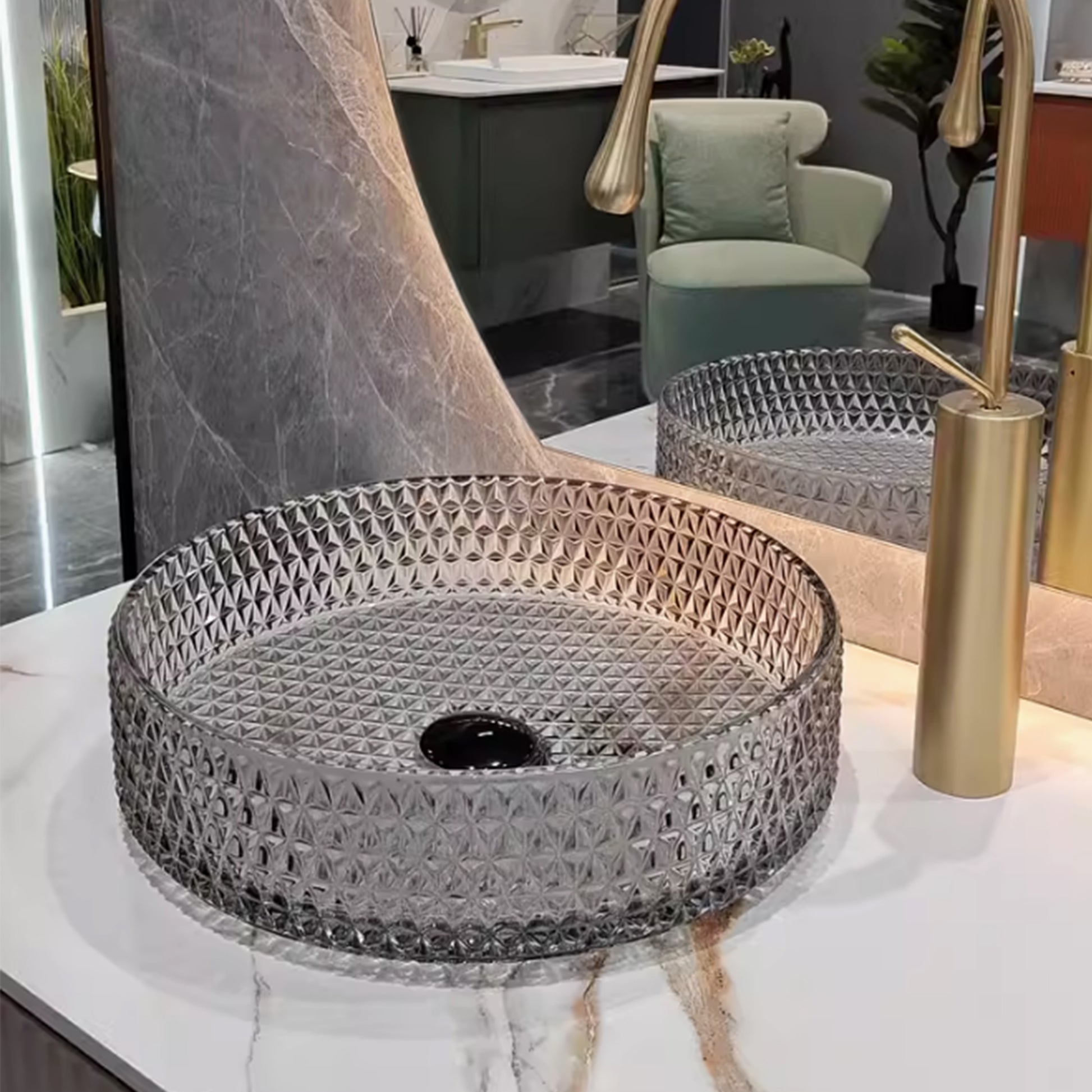 Glass Basin Circular Vessel Bathroom Basin, Bathroom Countertop Basin Transparent Grey Grey Bathroom Modern Glass