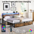 King Bed Frame, Storage Headboard With Charging Station, Solid And Stable, Noise Free, No Box Spring Needed, Easy Assembly King Antique Brown Metal Bedroom Bed Frame Metal & Wood