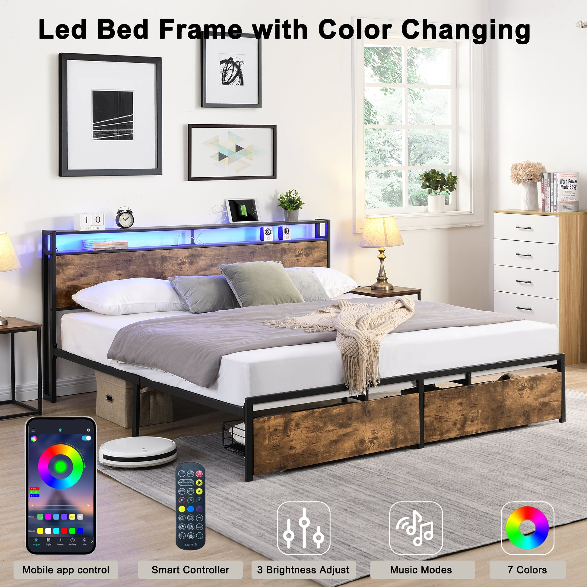 King Bed Frame, Storage Headboard With Charging Station, Solid And Stable, Noise Free, No Box Spring Needed, Easy Assembly King Antique Brown Metal Bedroom Bed Frame Metal & Wood