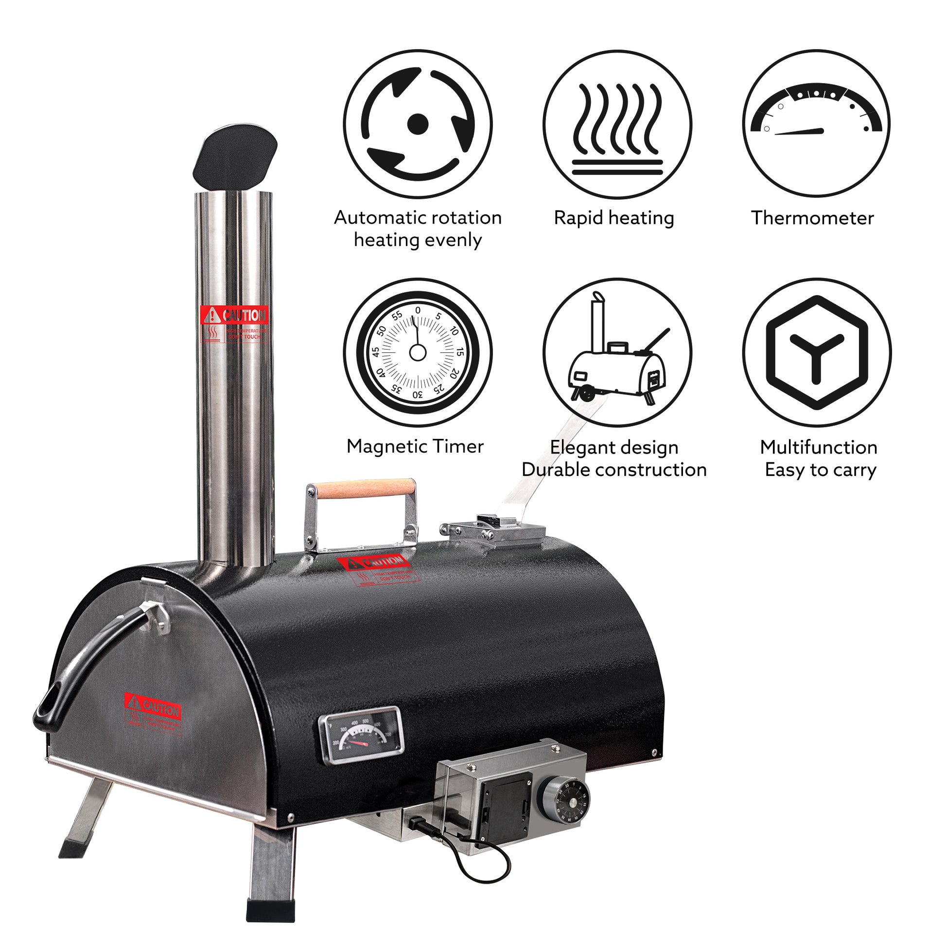 Black Pizza Oven Outdoor 12" Automatic Rotatable Pizza Ovens Portable Stainless Steel Wood Fired Pizza Oven Pizza Maker With Built In Thermometer Pizza Cutter Carry Bag Black Garden & Outdoor American Design Stainless Steel Stainless Steel