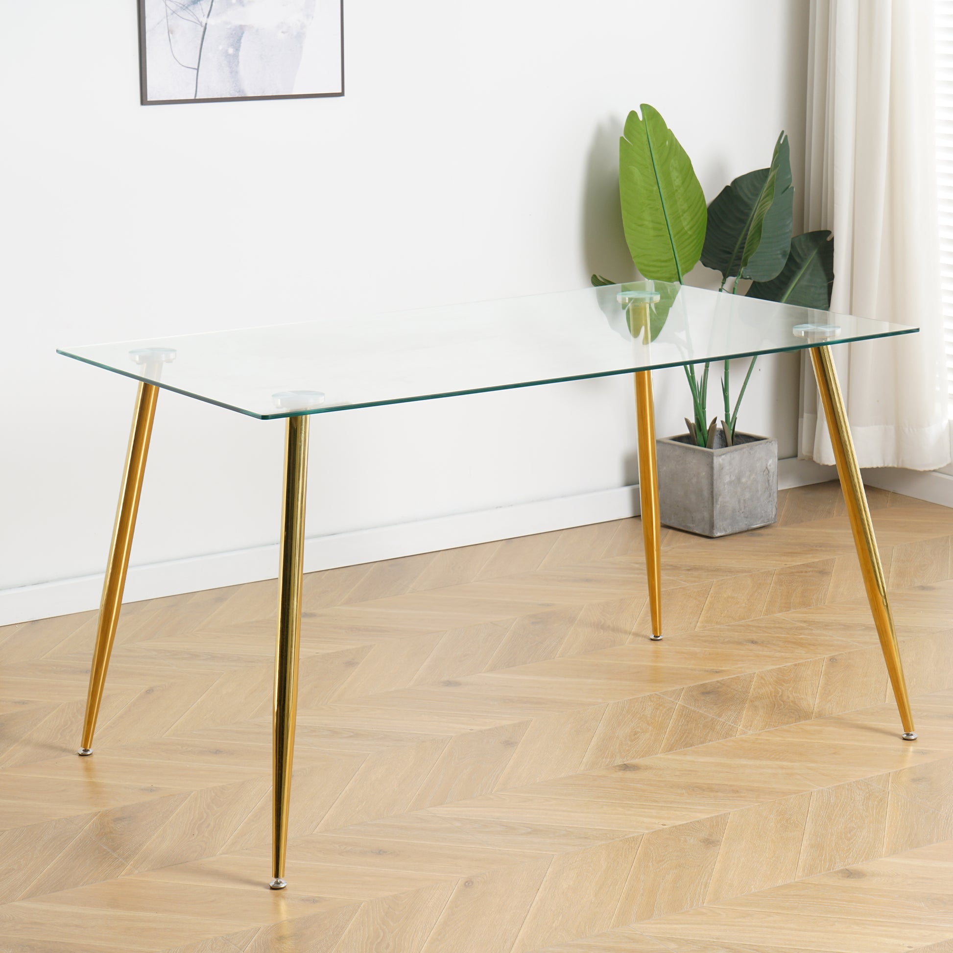 Modern Simple Table And Chair Set, One Table And Four Chairs. Transparent Tempered Glass Top, Gold Plated Legs. Gold Plated Metal Chair Legs Set Of 5 White Gold Dining Room Rectangular Kitchen &