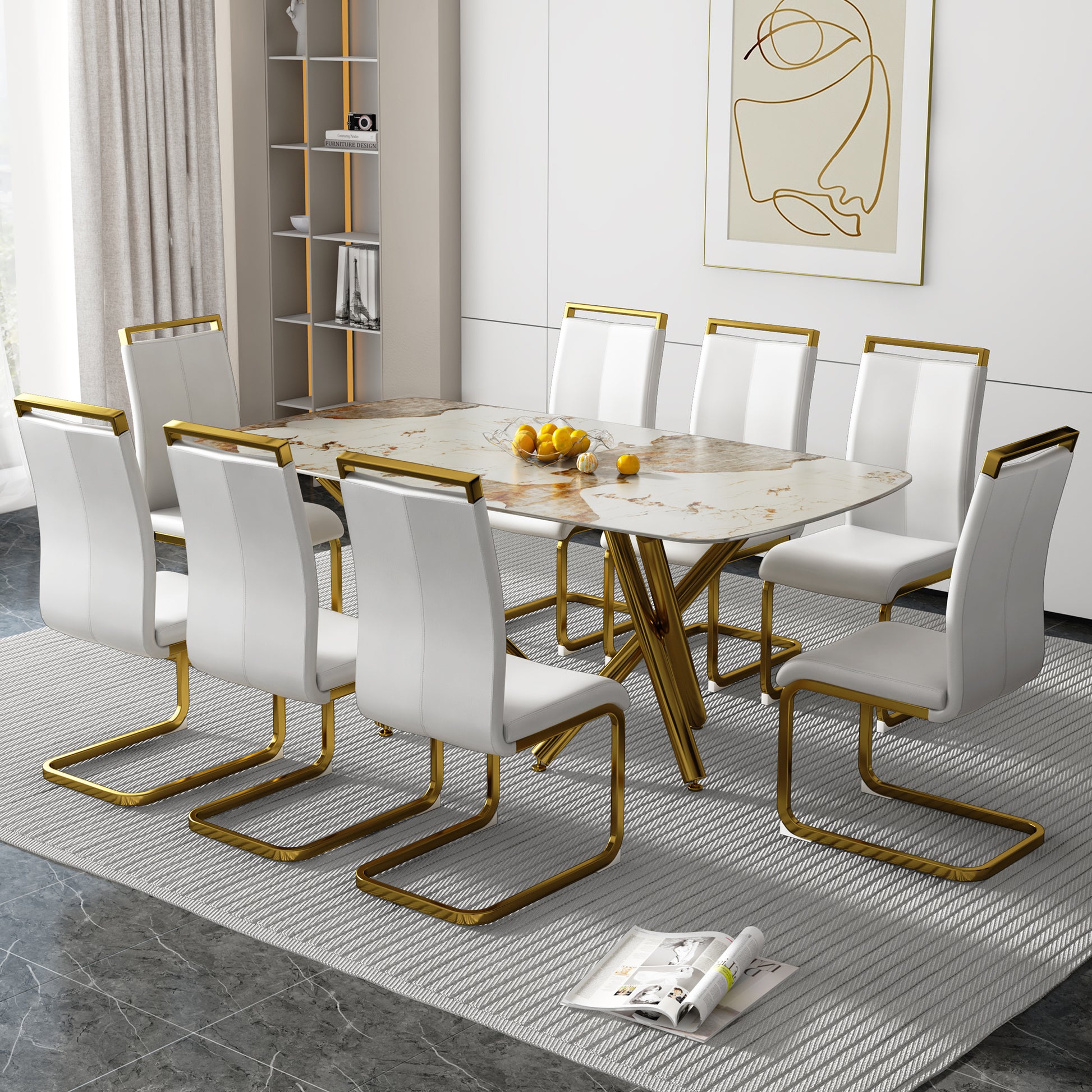 A Modern Minimalist Rectangular Dining Table With A 0.39 Inch Imitation Marble Tabletop And Gold Plated Metal Legs,For Kitchen Dining Living Meeting Room Banquet Hall,1538 White Glass
